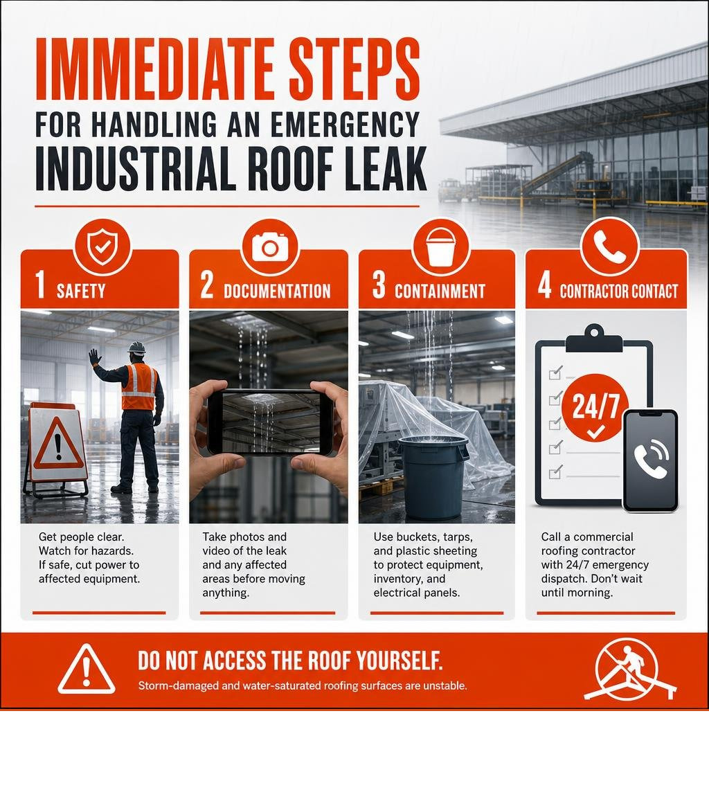 Immediate steps for handling an emergency industrial roof leak: safety, documentation, containment, and contractor contact