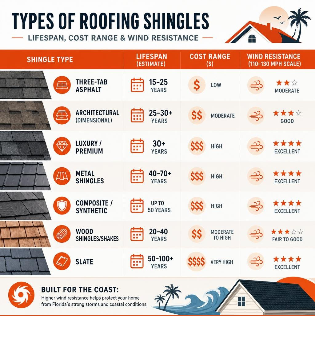 Infographic showing types of roofing shingles with lifespan, cost range, and wind resistance ratings infographic