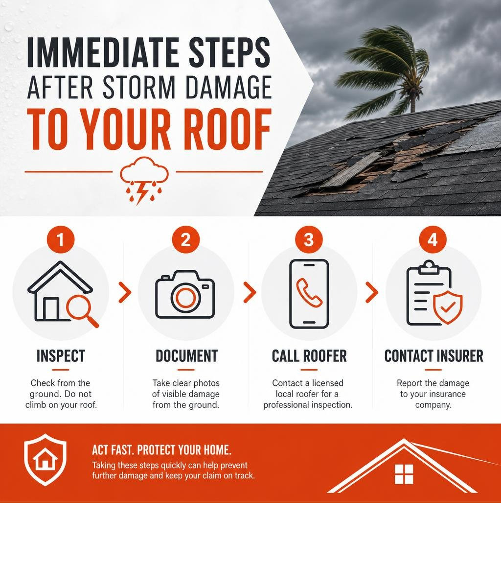 Immediate steps after storm damage roof infographic: inspect, document, call roofer, contact insurer infographic