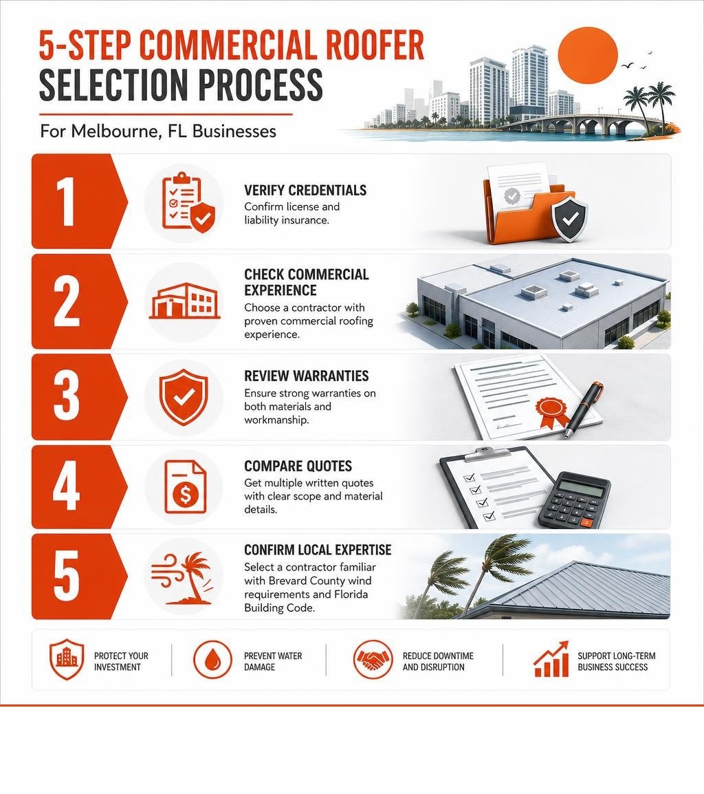 Infographic showing 5-step commercial roof contractor selection process for Melbourne FL businesses infographic