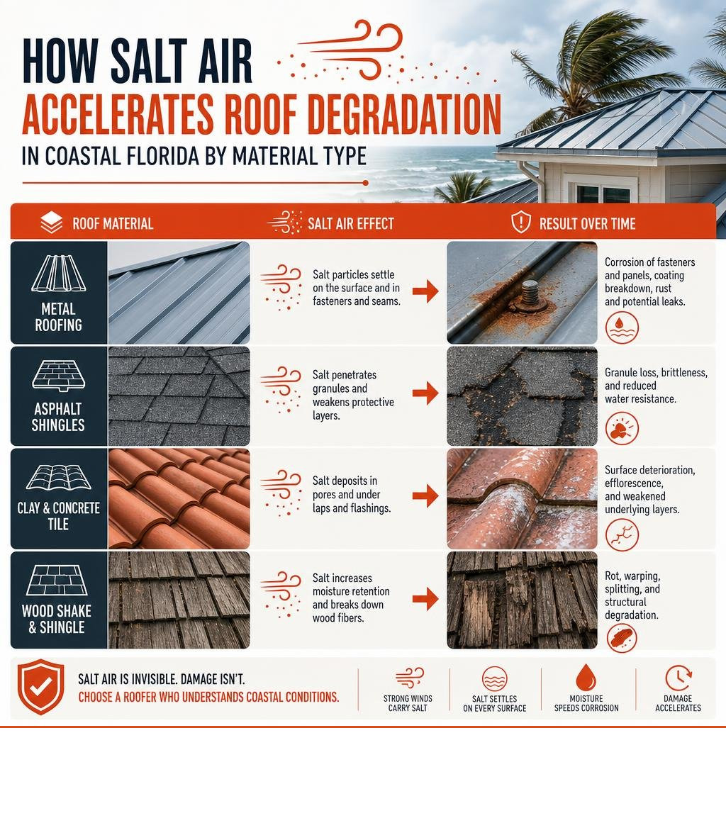 Infographic showing how salt air accelerates roof degradation in coastal Florida by material type infographic Infographic showing how salt air accelerates roof degradation in coastal Florida by material type infographic