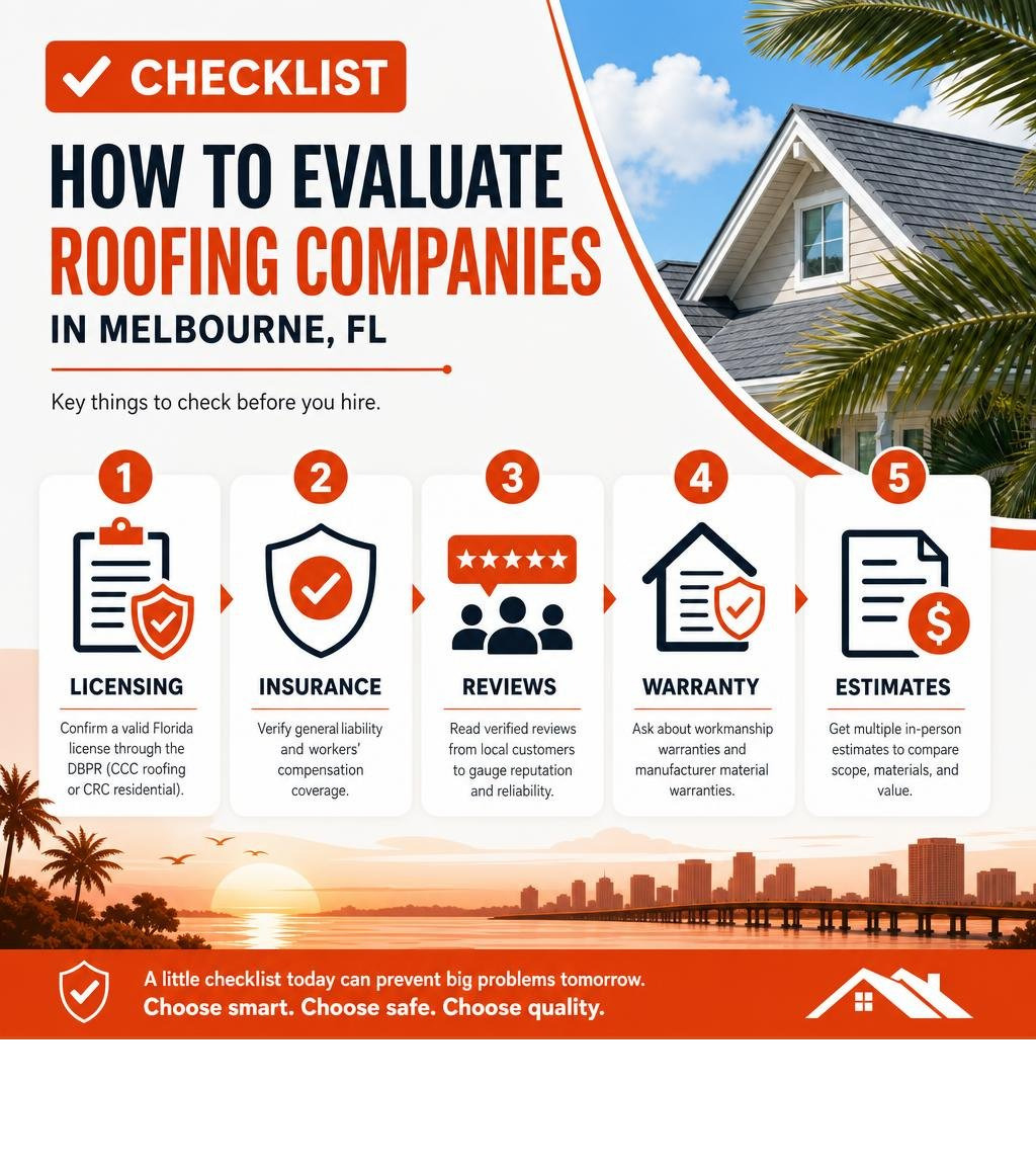 Checklist infographic: how to evaluate roofing companies in Melbourne FL — licensing, insurance, reviews, warranty