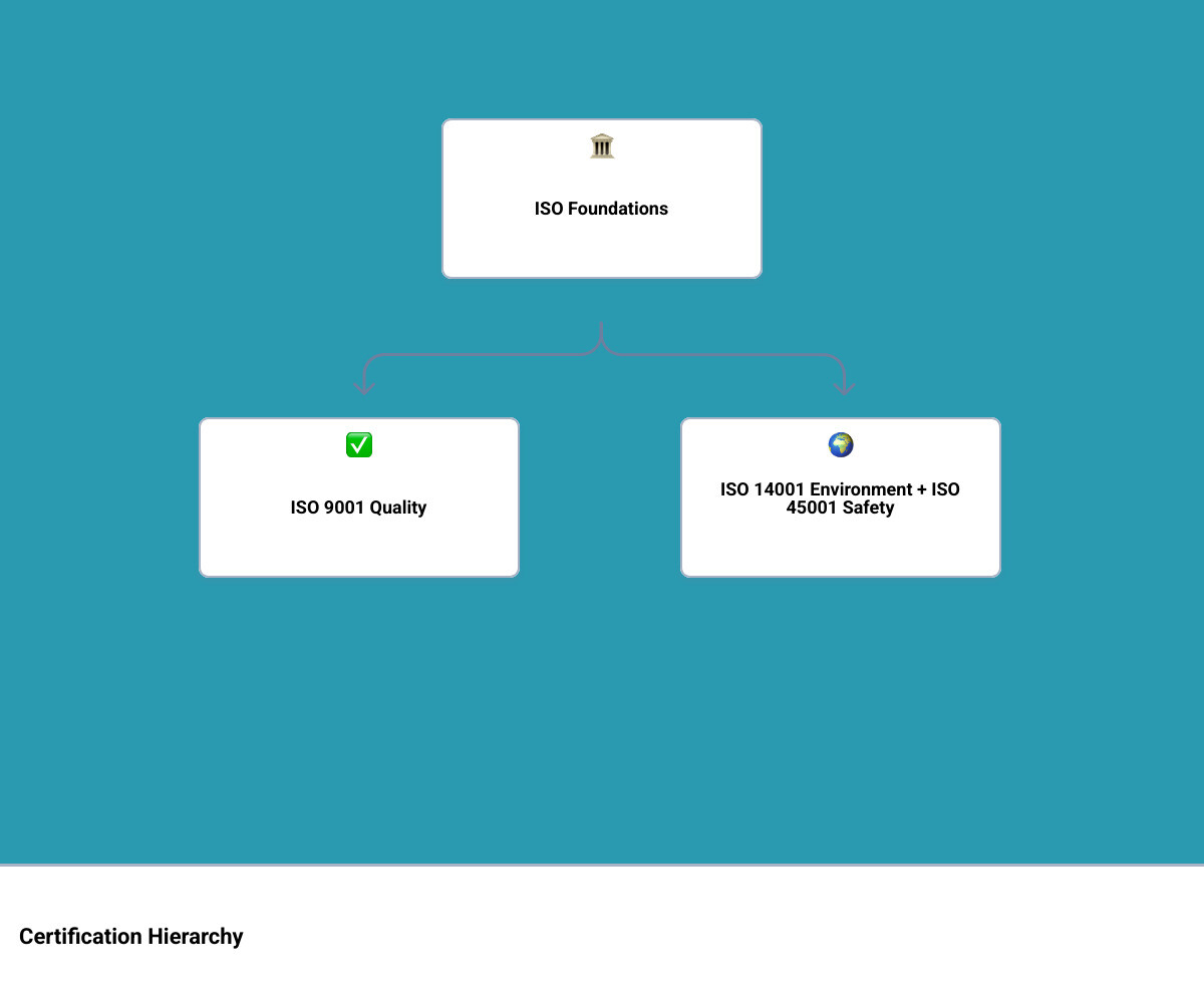 Hierarchy of manufacturing and contractor certifications from ISO foundations to product-specific standards infographic