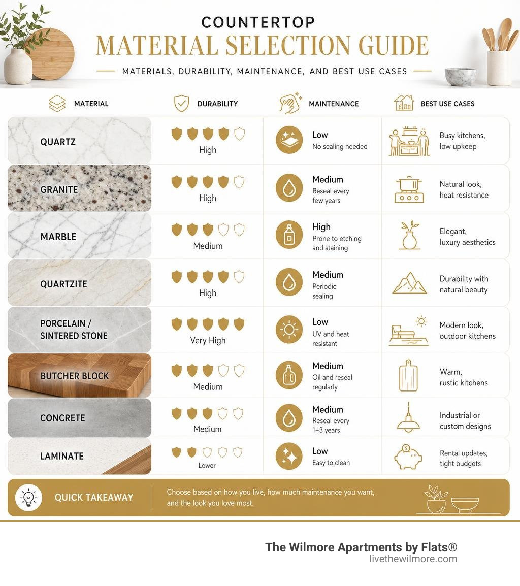 Countertop material selection guide: materials, durability, maintenance, and best use cases infographic