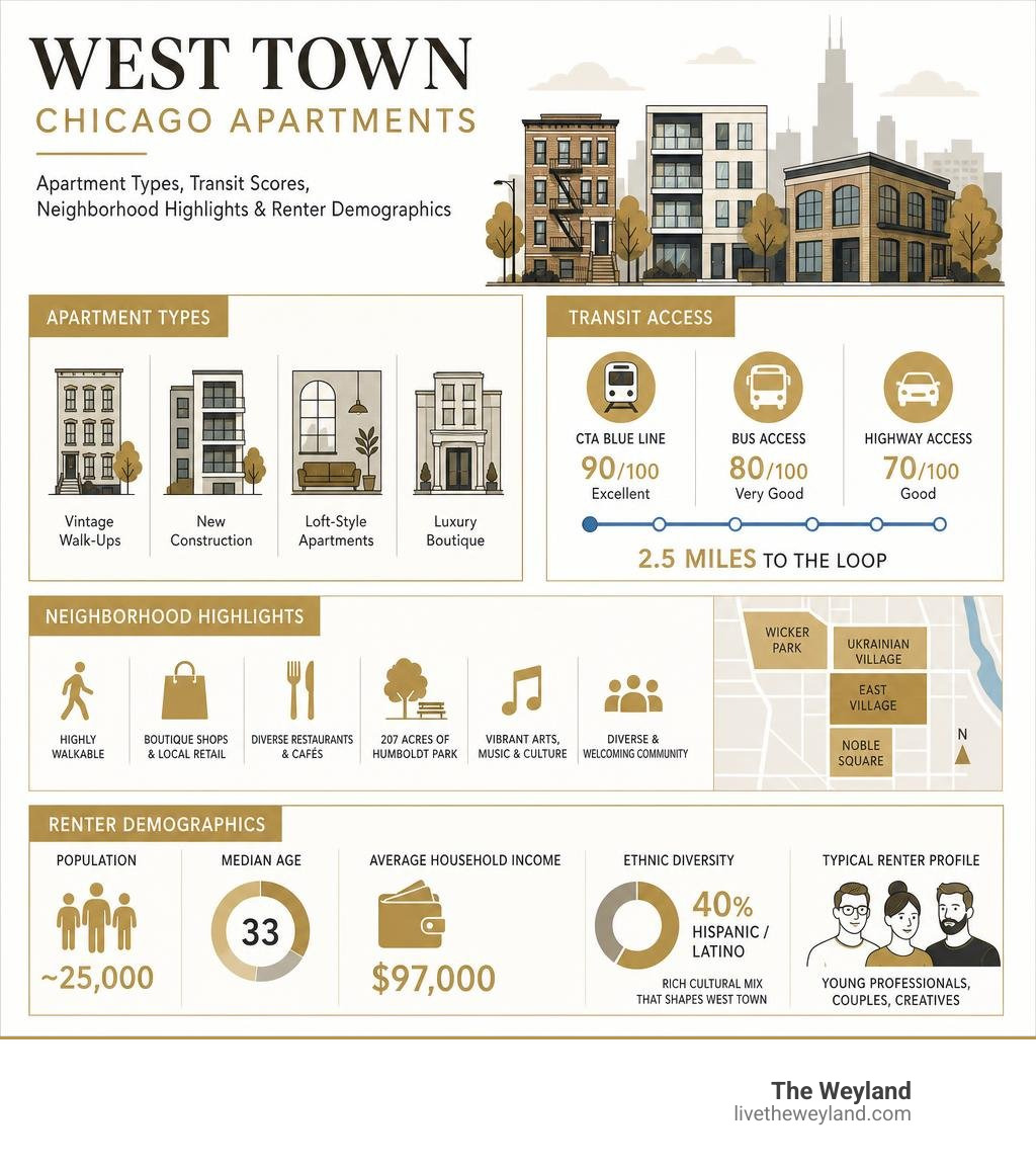 Infographic comparing West Town Chicago apartment types, transit scores, neighborhood highlights, and renter demographics