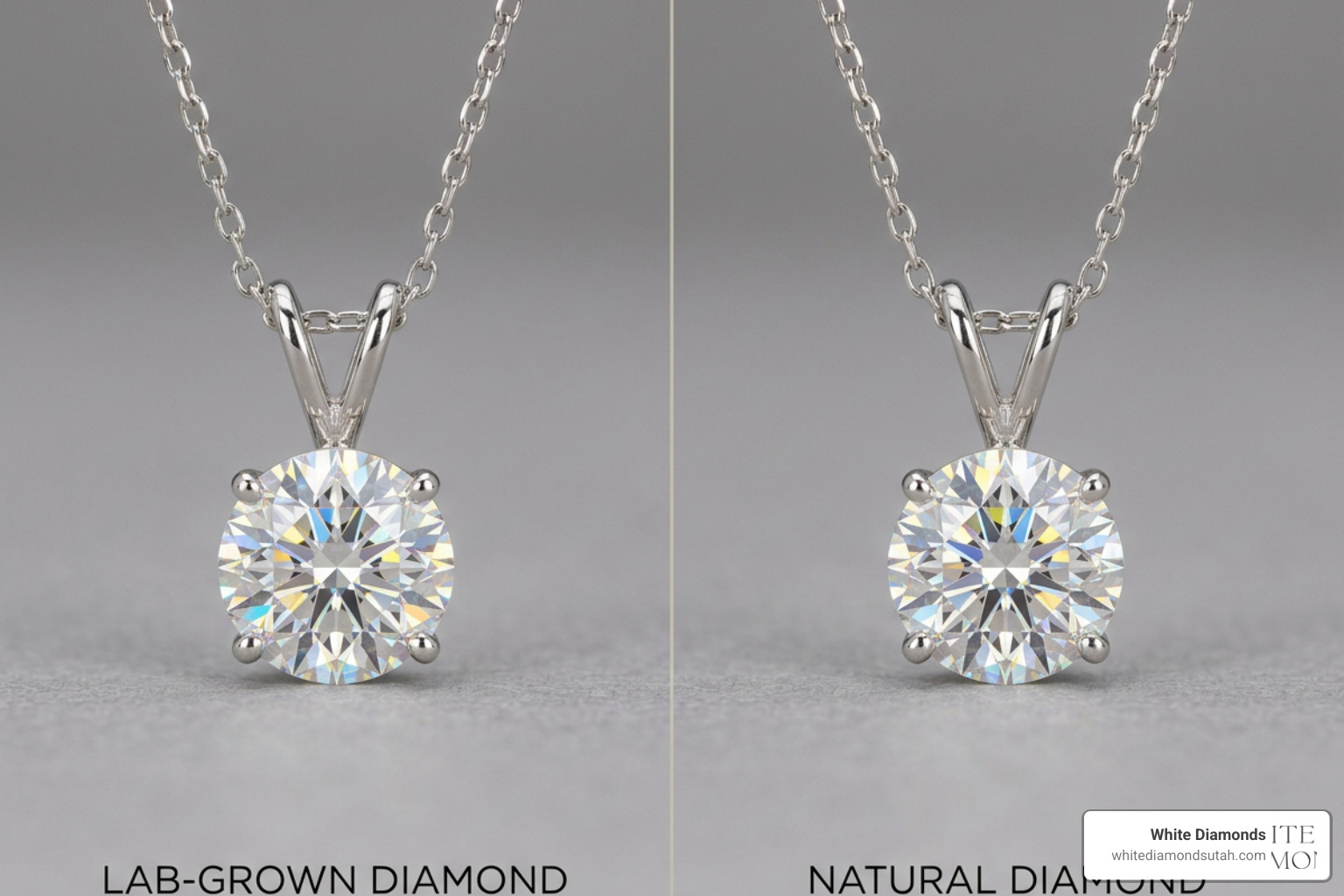 lab-grown diamond pendant side-by-side with a natural diamond pendant