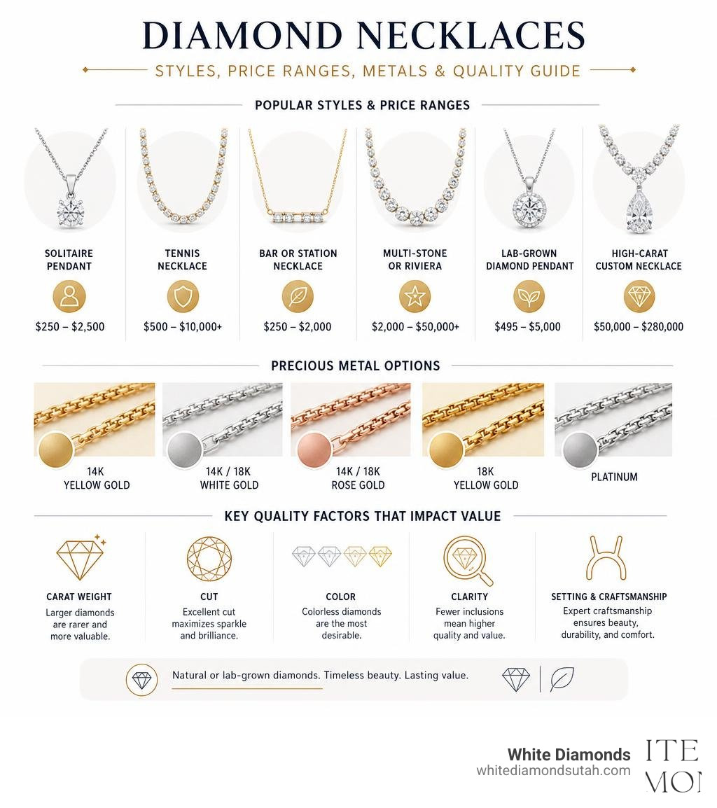 Infographic showing diamond necklace types, price ranges, metals, and key quality factors infographic