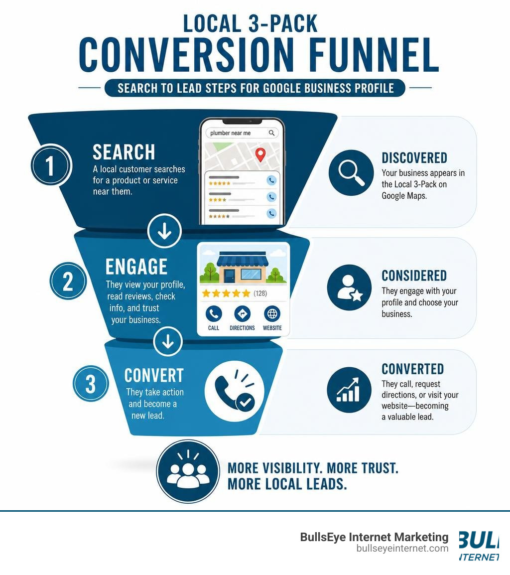 Local 3-pack conversion funnel showing search to lead steps for Google Business Profile infographic