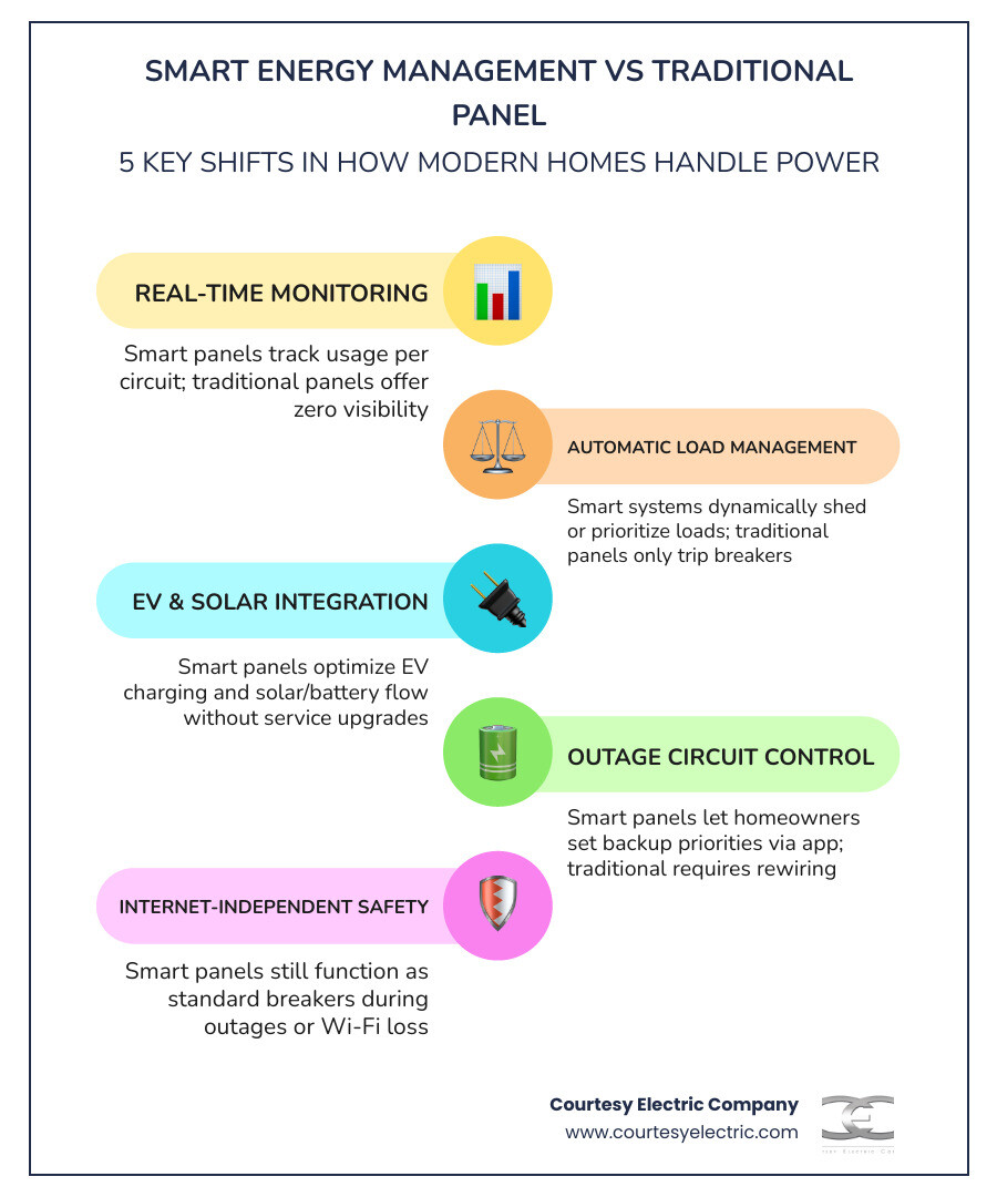 Infographic comparing smart energy management vs traditional electrical panel features, costs, and ideal use cases Infographic comparing smart energy management vs traditional electrical panel features, costs, and ideal use cases