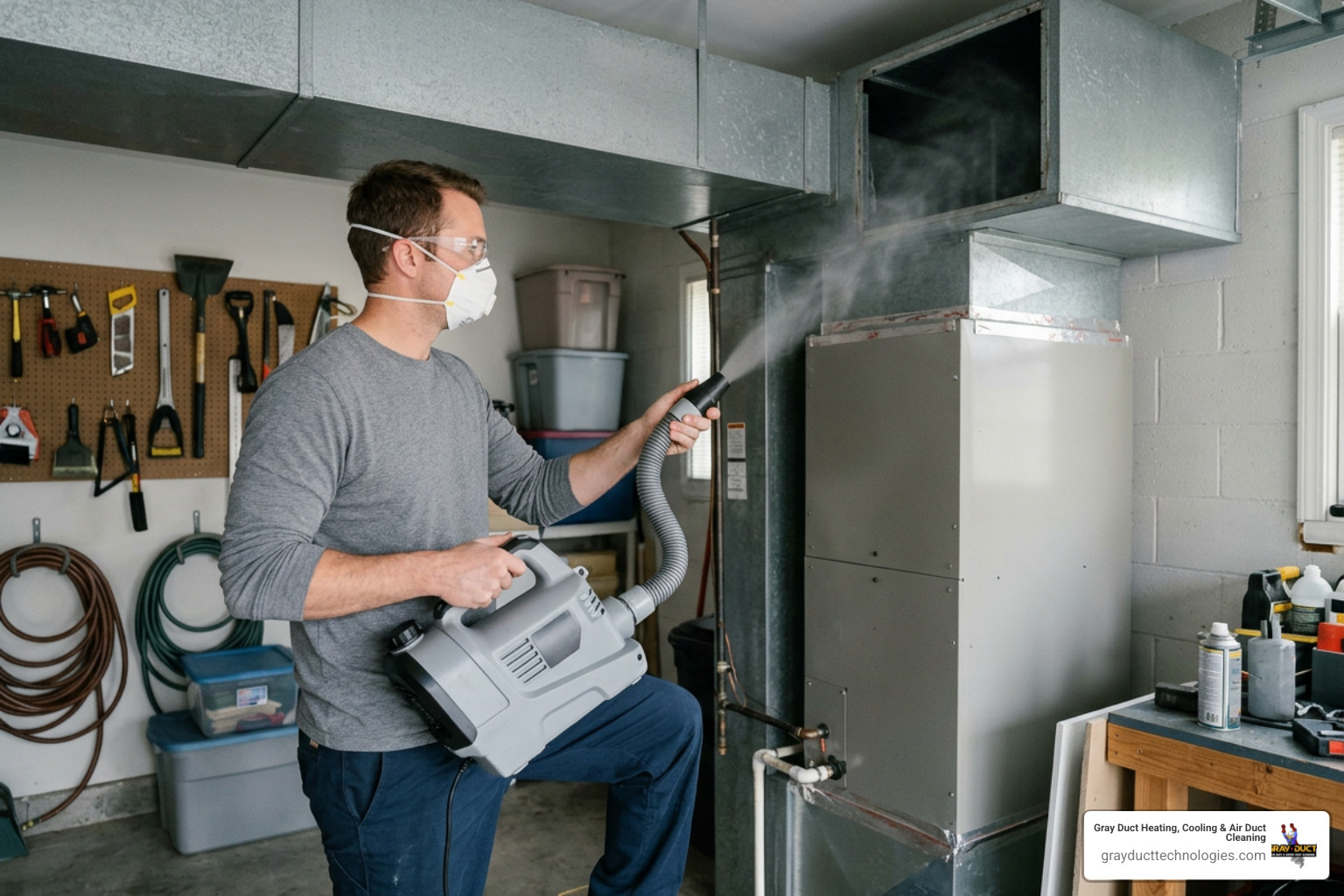 technician using a cold fogger to sanitize residential HVAC ductwork technician using a cold fogger to sanitize residential HVAC ductwork
