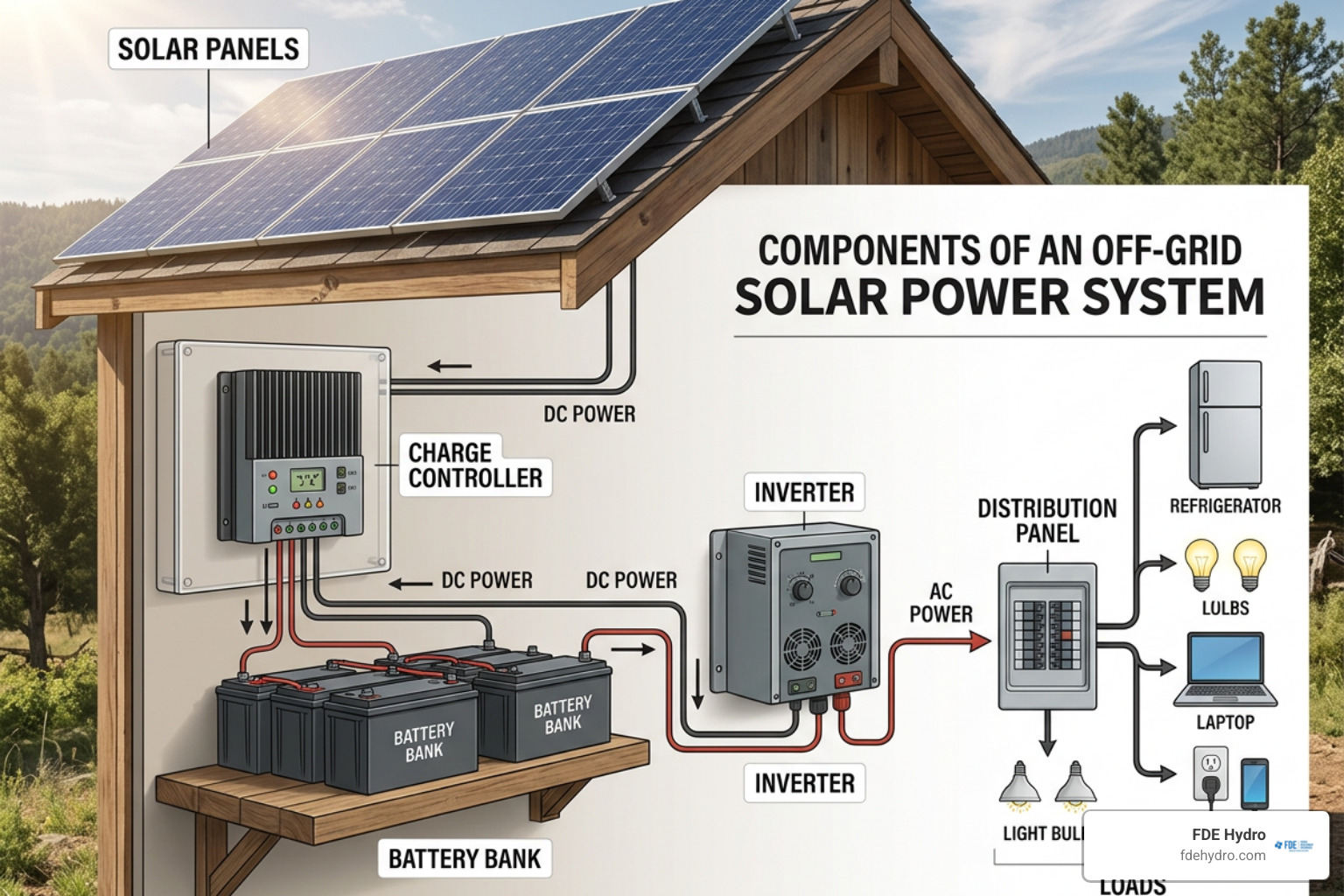 Diagram of the essential components of an off-grid solar power system