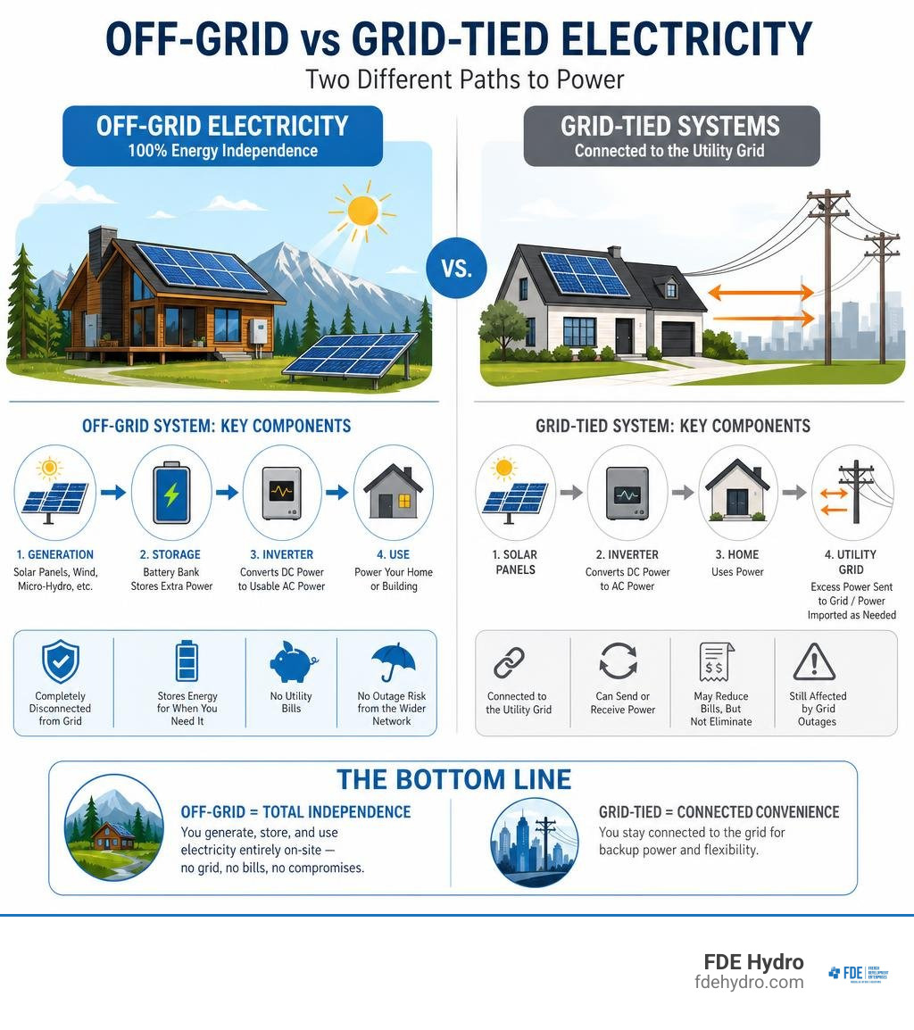 Infographic explaining off-grid electricity meaning vs grid-tied systems with key components infographic