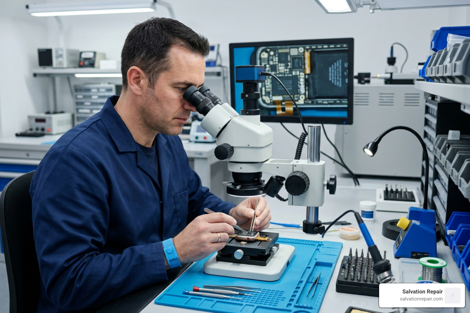 Technician carefully repairing an Apple Watch under a microscope in a clean workspace Technician carefully repairing an Apple Watch under a microscope in a clean workspace