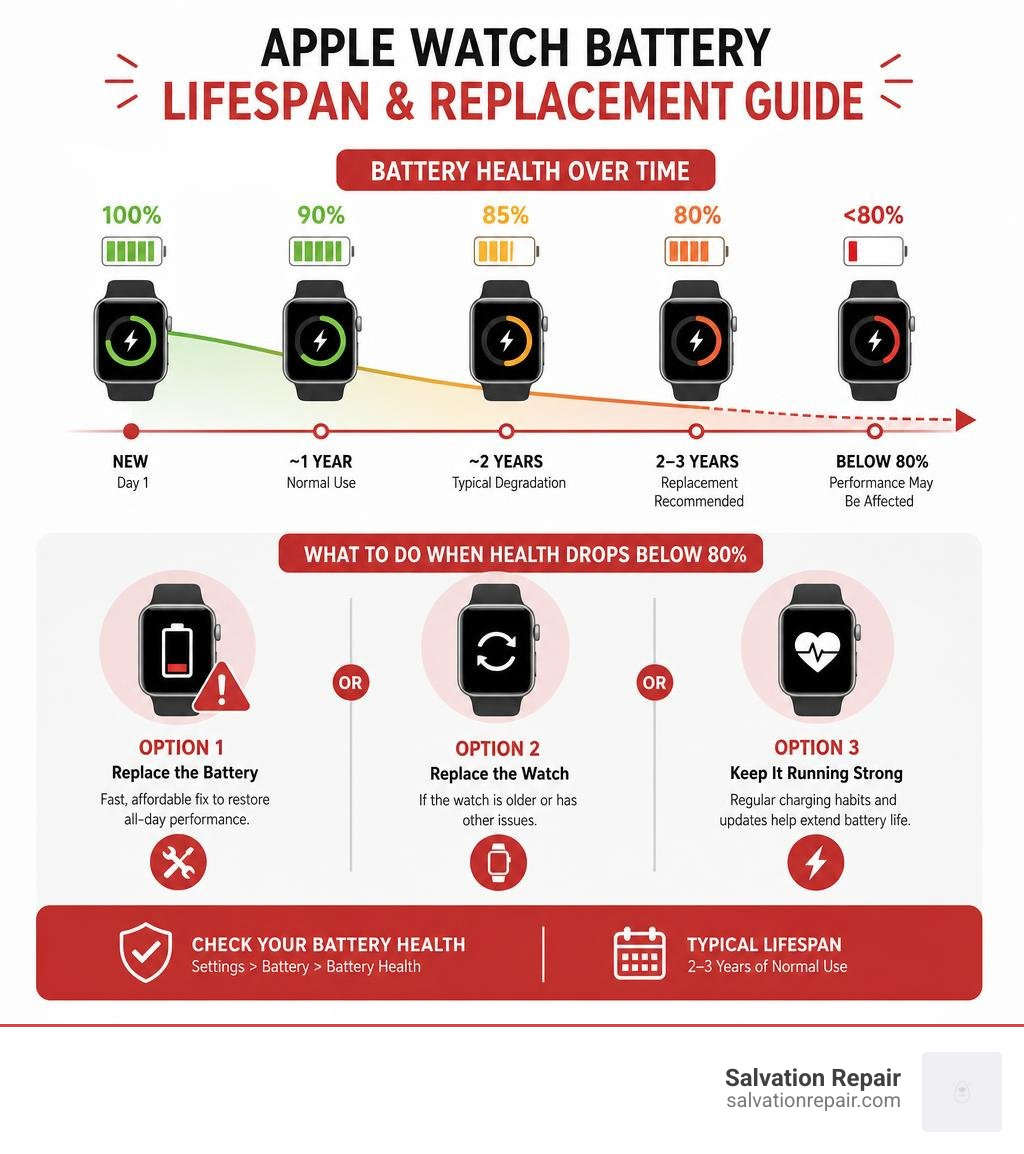 Apple Watch battery lifespan health cycle infographic showing 100% to below 80% degradation timeline and replacement options Apple Watch battery lifespan health cycle infographic showing 100% to below 80% degradation timeline and replacement options