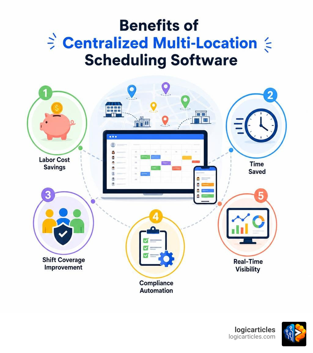 Benefits of centralized multi-location scheduling software: labor cost savings, time saved, shift coverage improvement