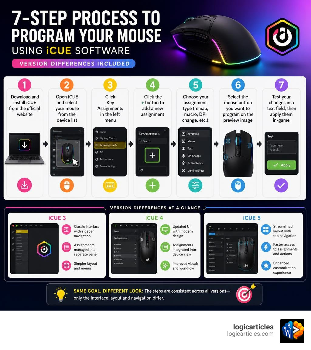 7-step process to program a CORSAIR mouse using iCUE software with version differences infographic