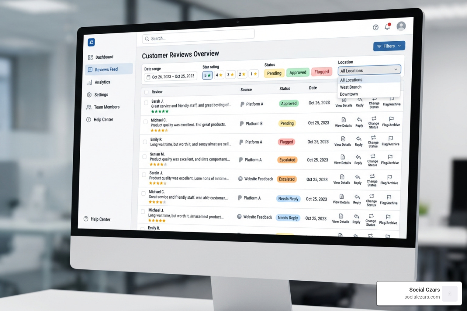 Google Reviews Management Tool dashboard showing review status