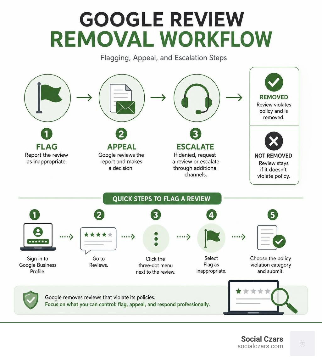 Google review removal workflow infographic showing flagging, appeal, and escalation steps infographic