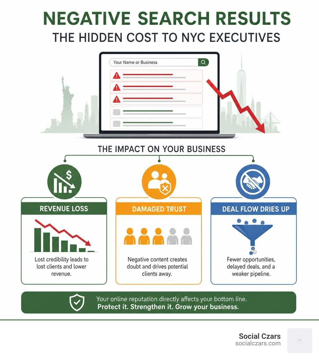 Infographic showing how negative search results impact business revenue, client trust, and deal flow for NYC executives