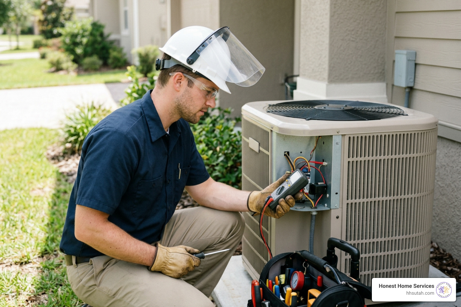 A clean-cut, professional HVAC technician wearing a uniform and safety gear inspecting an outdoor AC unit A clean-cut, professional HVAC technician wearing a uniform and safety gear inspecting an outdoor AC unit