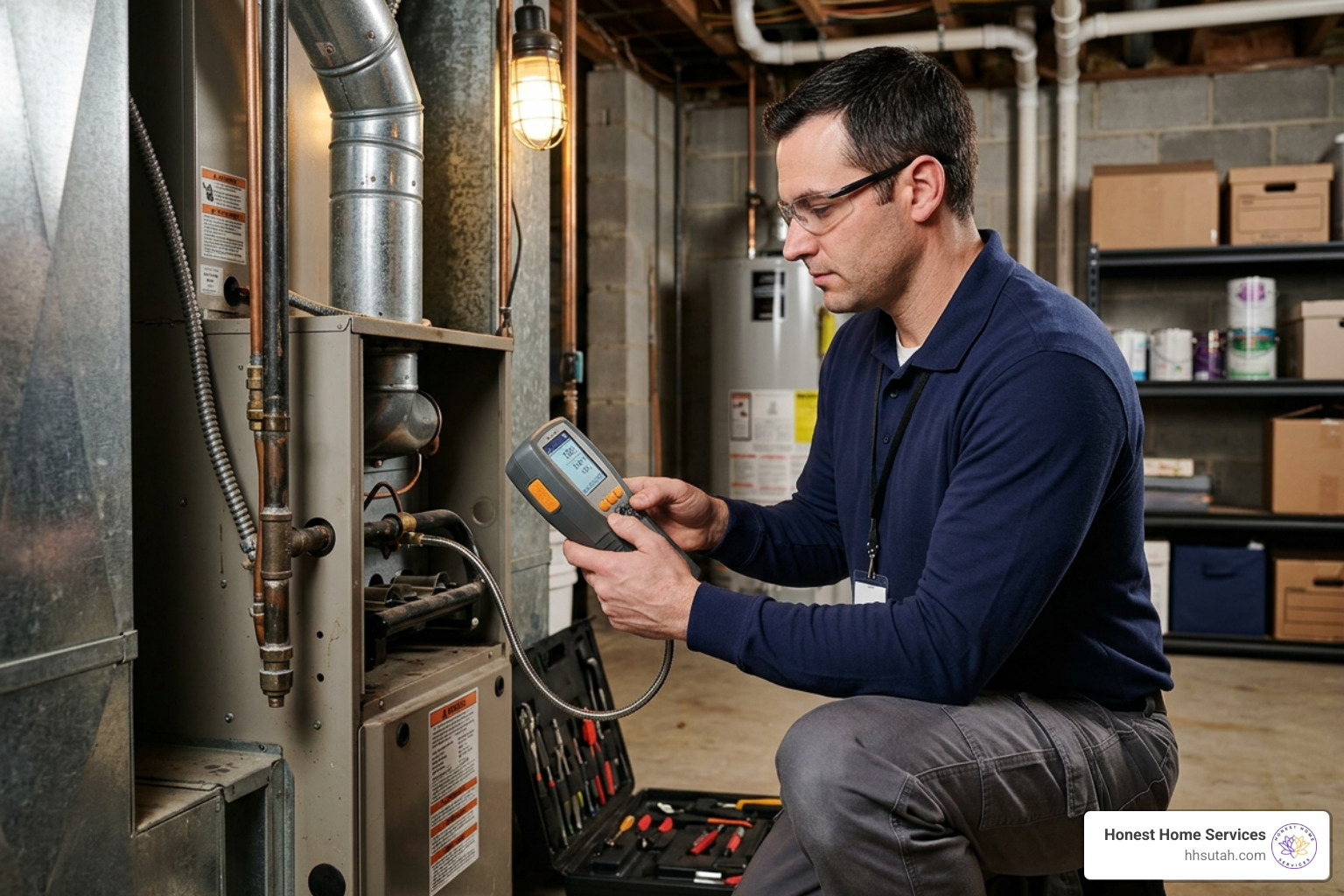 Technician using combustion analyzer to inspect a heat exchanger for cracks Technician using combustion analyzer to inspect a heat exchanger for cracks