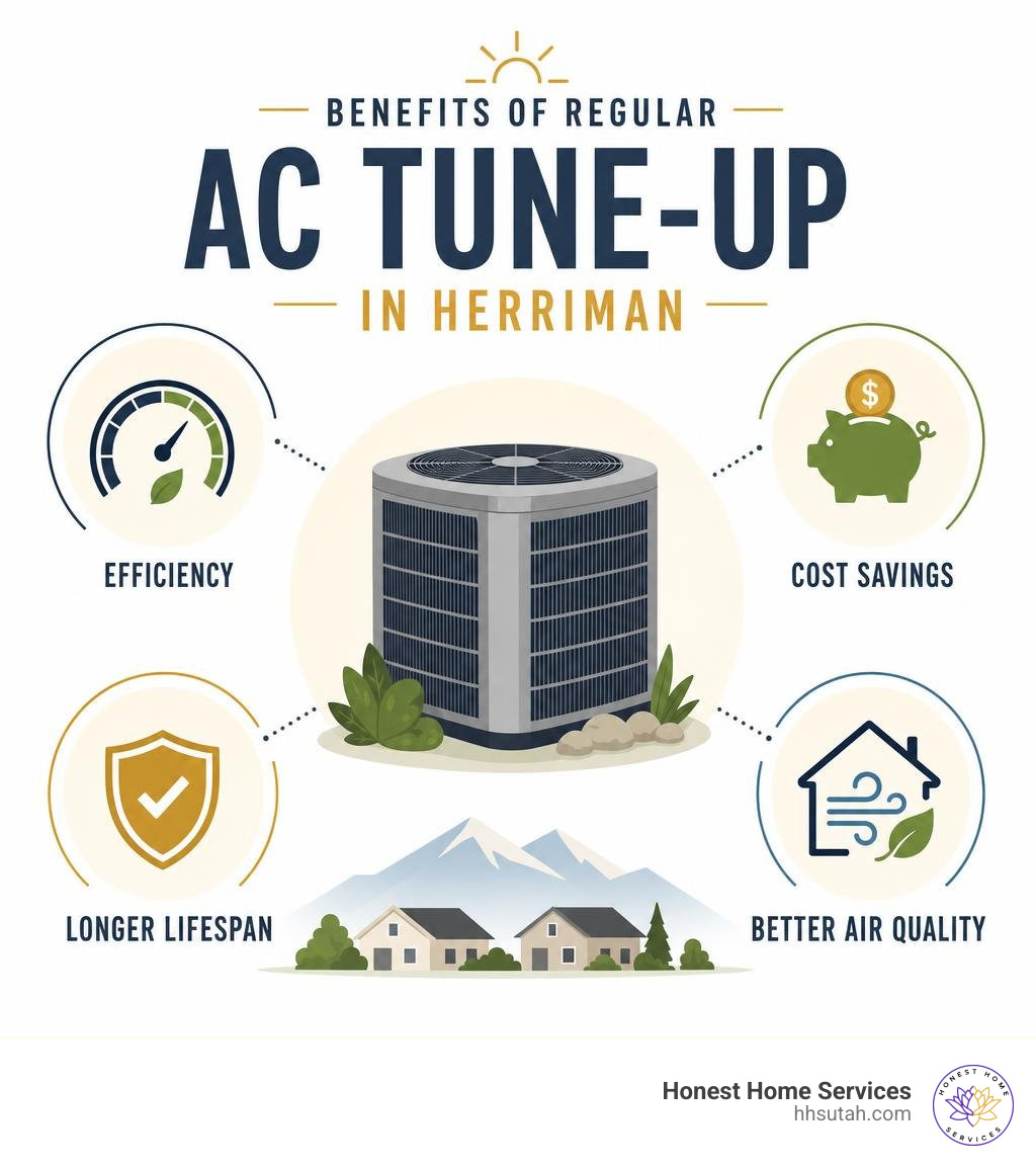 Benefits of regular AC tune-up in Herriman: efficiency, cost savings, lifespan, air quality infographic Benefits of regular AC tune-up in Herriman: efficiency, cost savings, lifespan, air quality infographic
