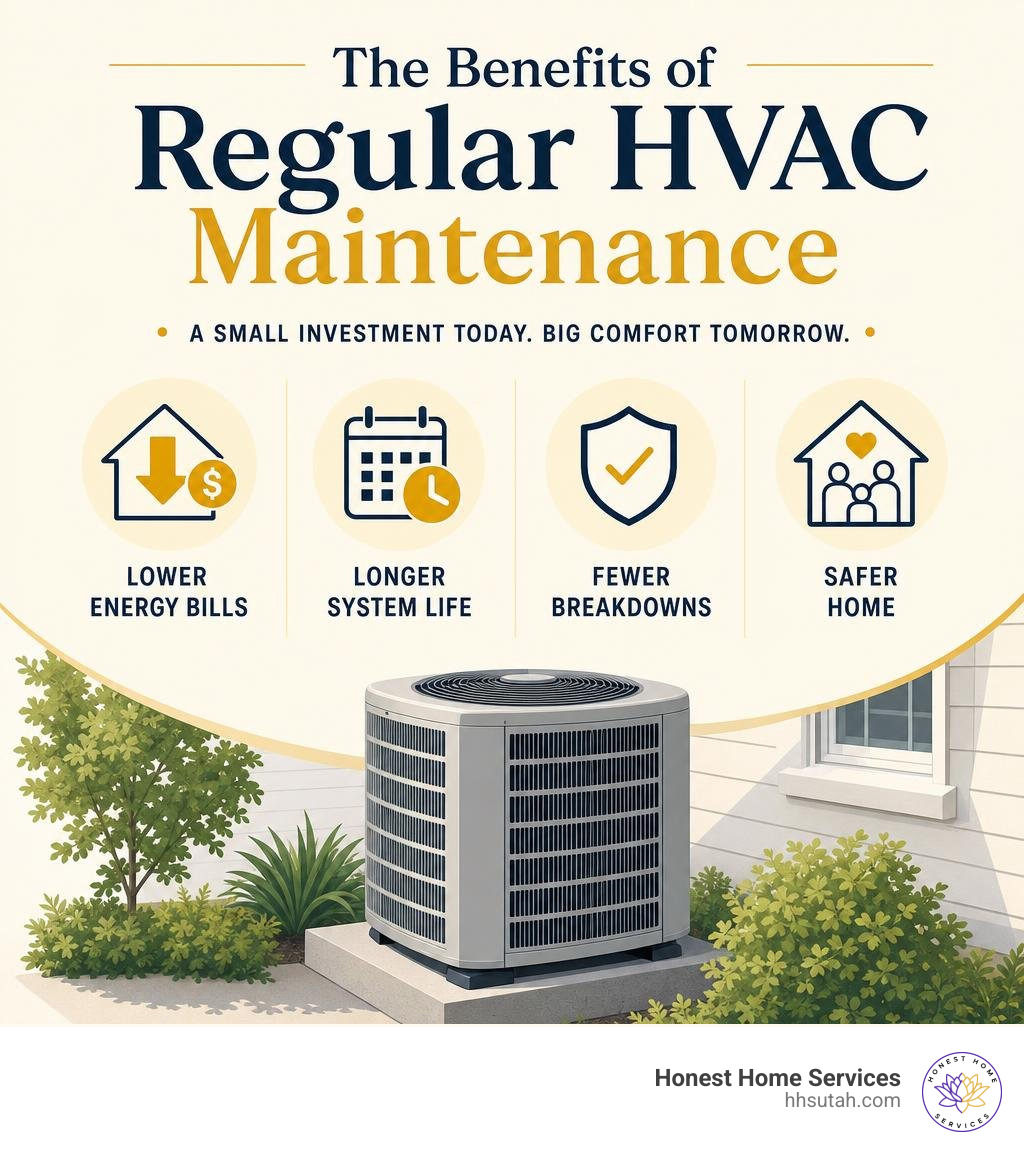 Infographic showing key benefits of regular HVAC maintenance: lower energy bills, longer system life, fewer breakdowns Infographic showing key benefits of regular HVAC maintenance: lower energy bills, longer system life, fewer breakdowns