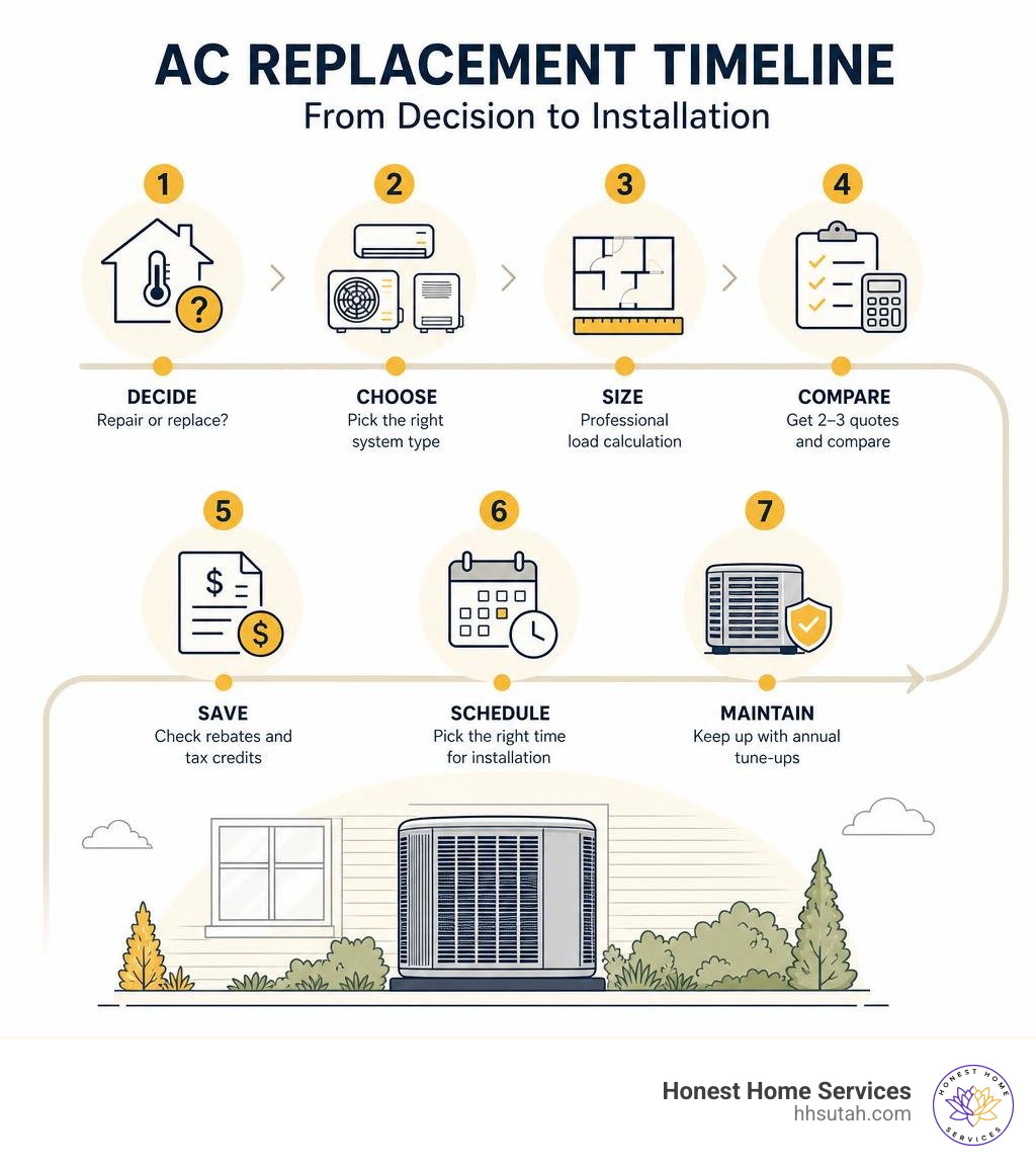 Step-by-step AC replacement timeline infographic from decision to installation infographic Step-by-step AC replacement timeline infographic from decision to installation infographic