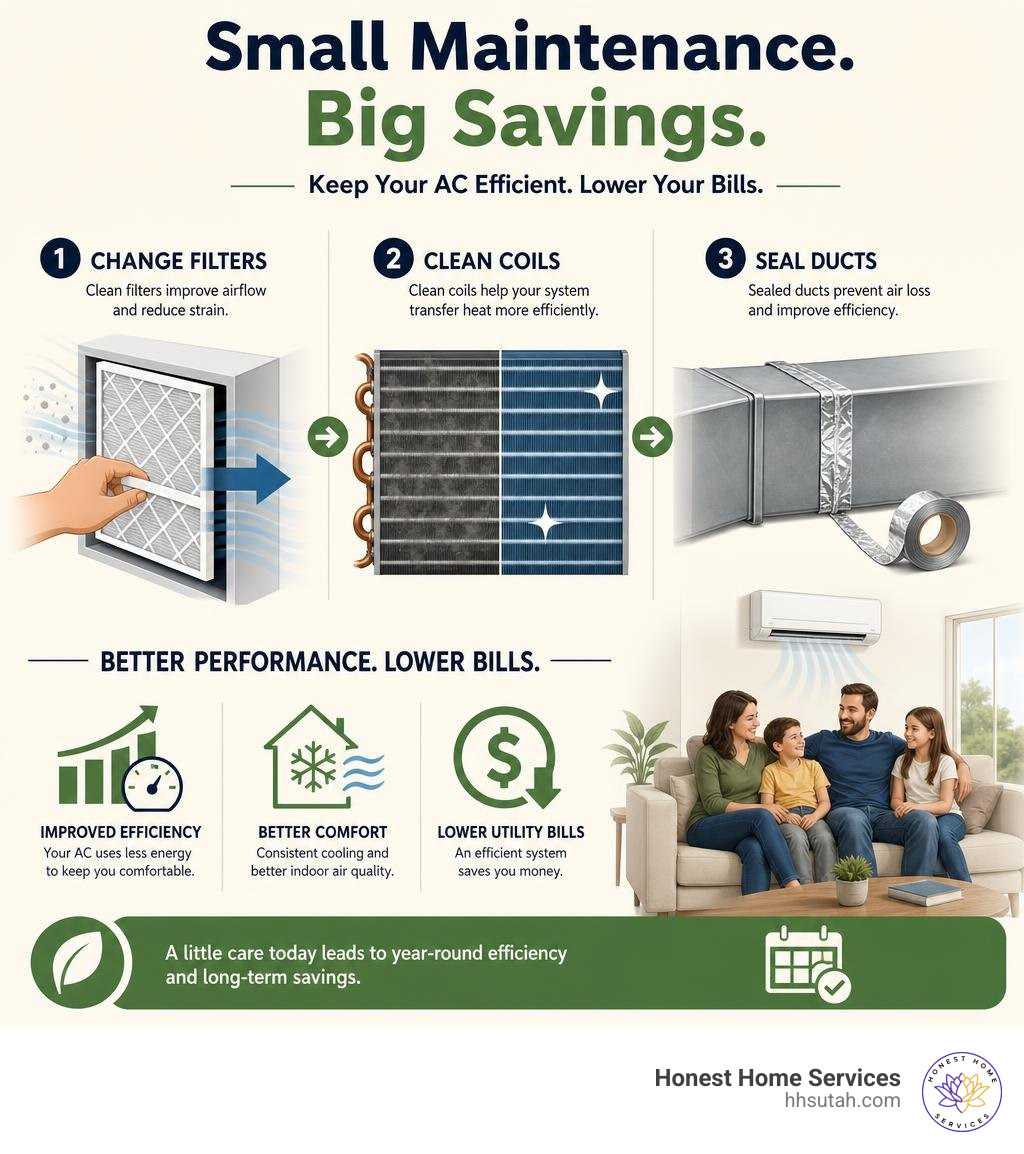 Infographic showing how AC maintenance tasks like filter changes, coil cleaning, and duct sealing improve energy efficiency Infographic showing how AC maintenance tasks like filter changes, coil cleaning, and duct sealing improve energy efficiency