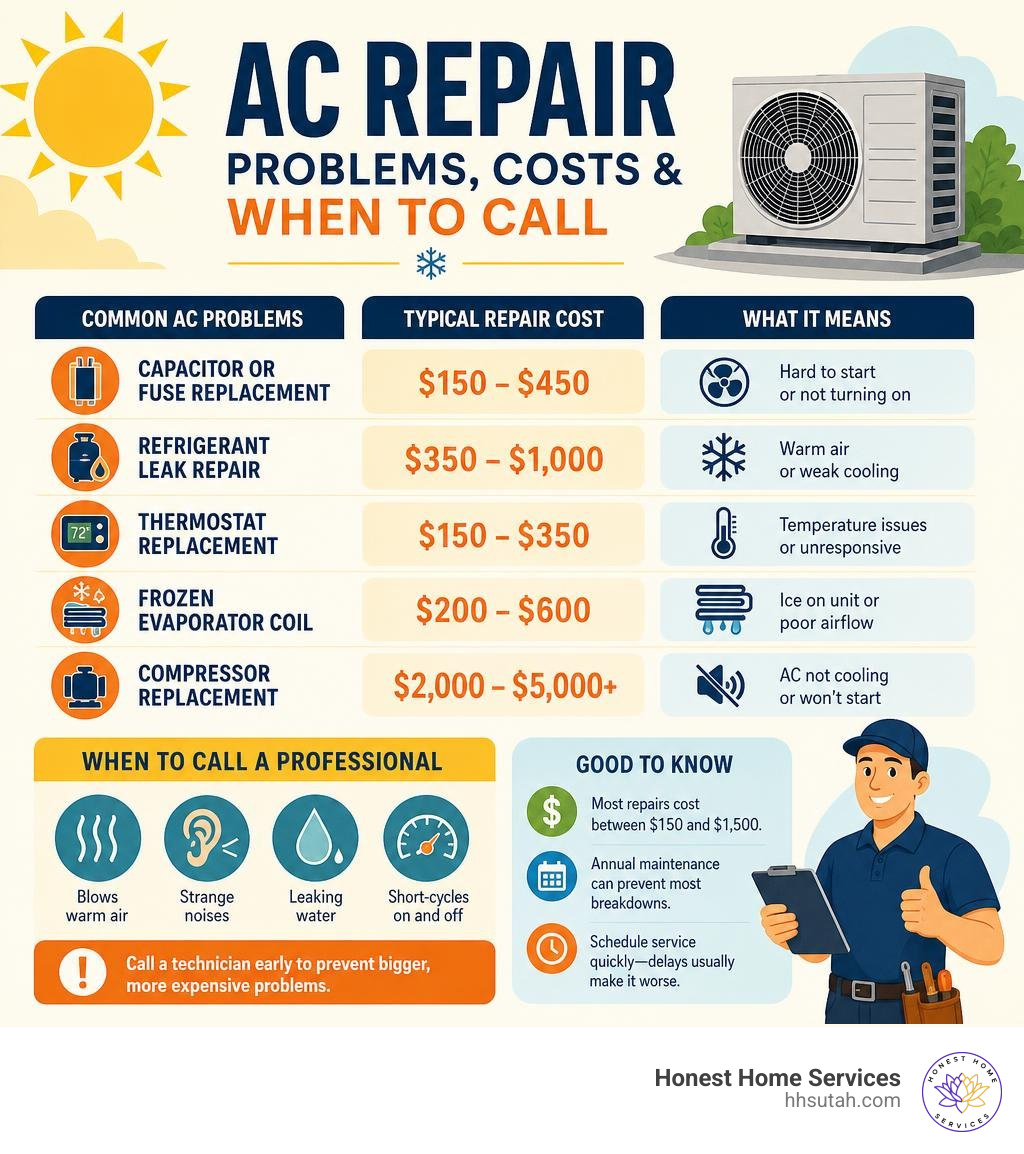 Infographic showing common AC problems, typical repair costs, and when to call a professional infographic Infographic showing common AC problems, typical repair costs, and when to call a professional infographic