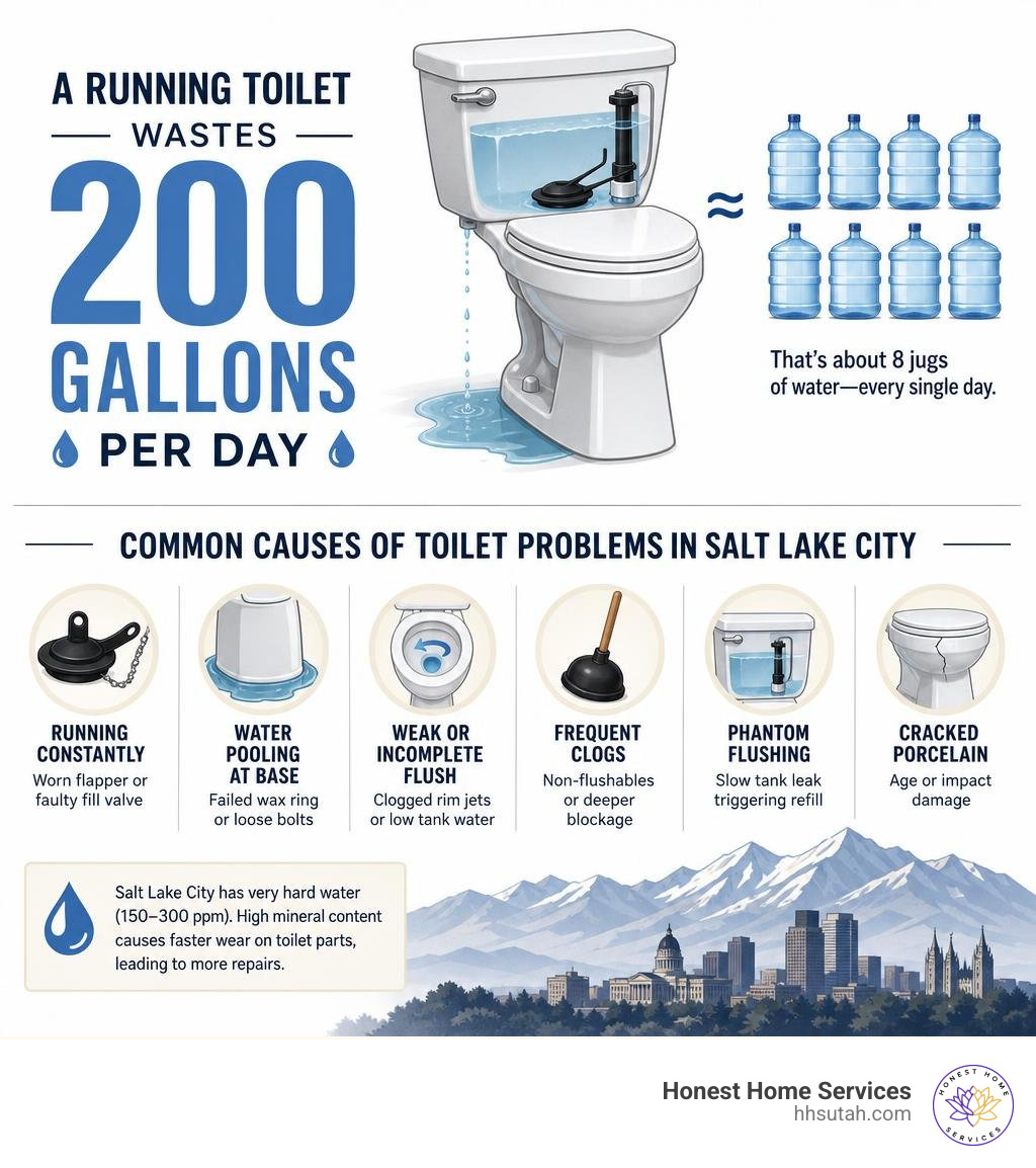 infographic showing how a running toilet wastes 200 gallons per day and common causes of toilet problems in Salt Lake City infographic showing how a running toilet wastes 200 gallons per day and common causes of toilet problems in Salt Lake City