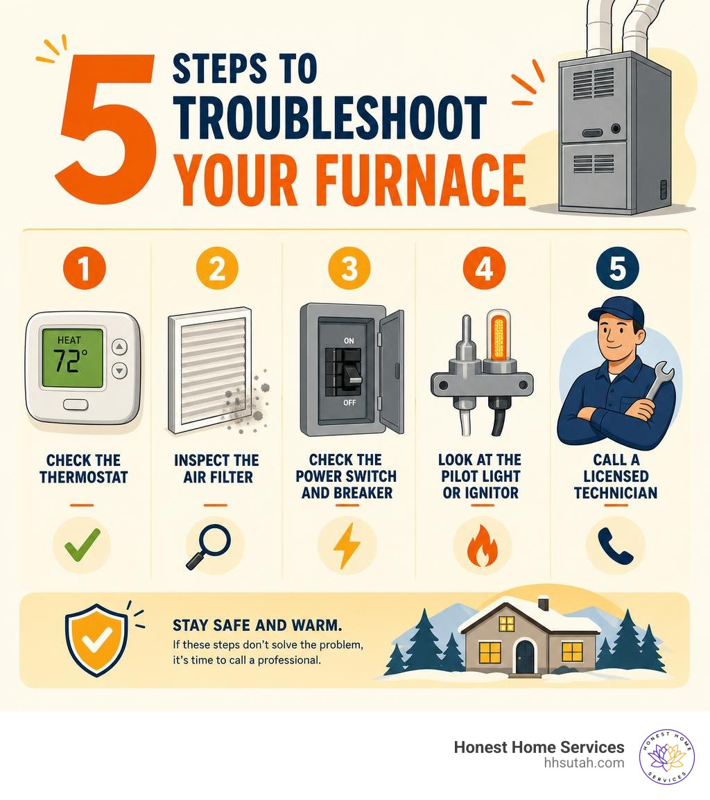 Infographic showing 5 furnace troubleshooting steps: thermostat, filter, breaker, ignitor, call a pro infographic Infographic showing 5 furnace troubleshooting steps: thermostat, filter, breaker, ignitor, call a pro infographic