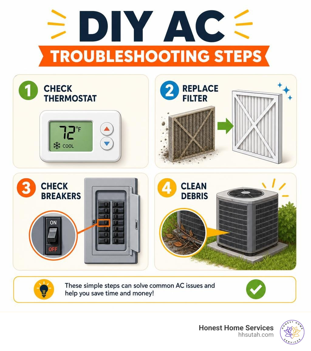 Infographic showing DIY AC troubleshooting steps: check thermostat, replace filter, check breakers, clean debris infographic Infographic showing DIY AC troubleshooting steps: check thermostat, replace filter, check breakers, clean debris infographic