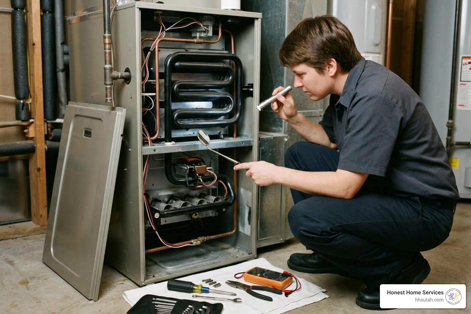 technician inspecting a heat exchanger inside a home furnace technician inspecting a heat exchanger inside a home furnace