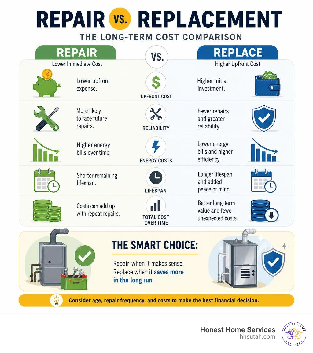 Infographic comparing the long-term costs of furnace repair vs. furnace replacement infographic Infographic comparing the long-term costs of furnace repair vs. furnace replacement infographic