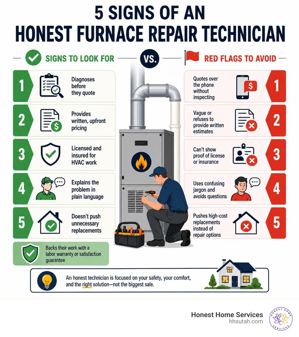 Infographic: 5 signs of an honest furnace repair technician vs. red flags to avoid infographic Infographic: 5 signs of an honest furnace repair technician vs. red flags to avoid infographic