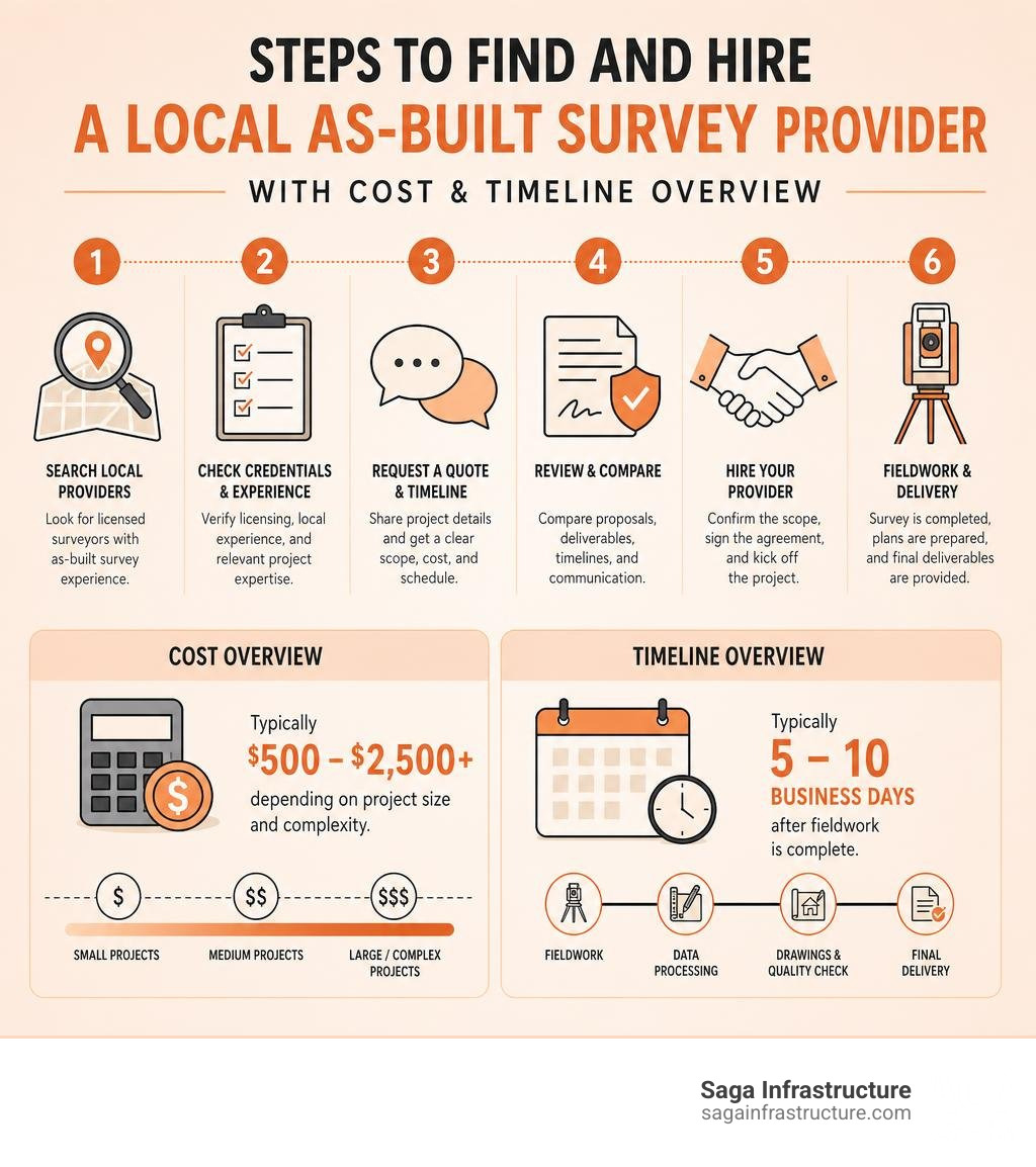 Steps to find and hire a local as-built survey provider with cost and timeline overview infographic