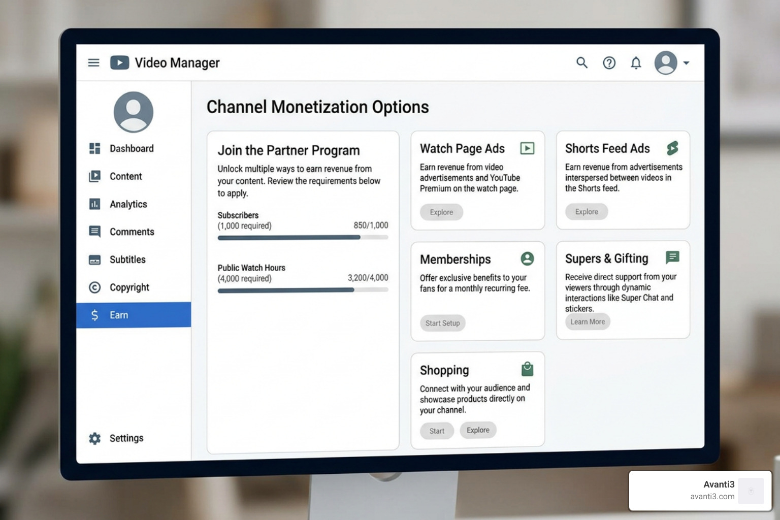 YouTube Studio Earn tab showing monetization options