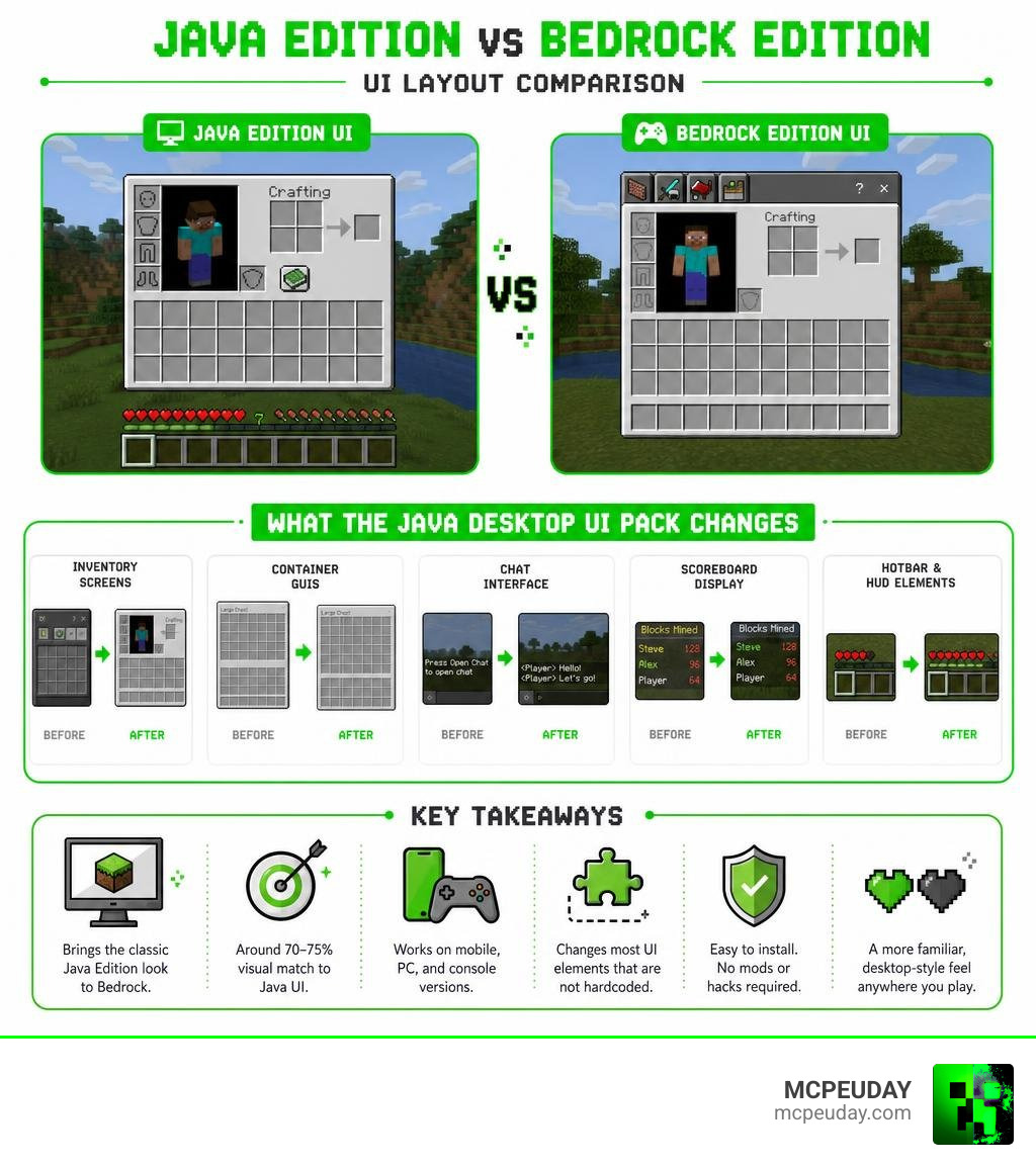 Infographic comparing Java Edition vs Bedrock Edition UI layout and what the Java Desktop UI Pack changes infographic Infographic comparing Java Edition vs Bedrock Edition UI layout and what the Java Desktop UI Pack changes infographic