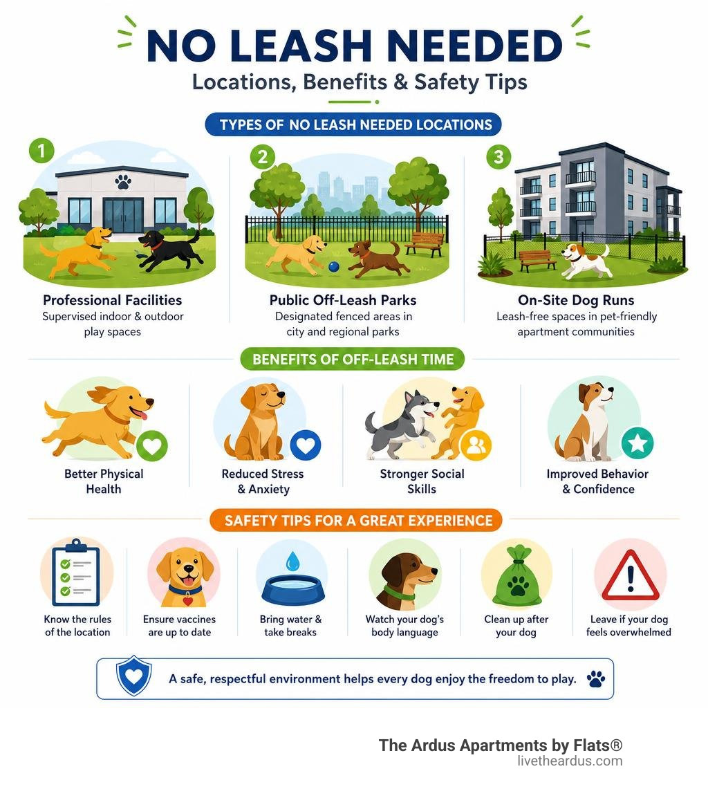 Infographic showing types of no leash needed locations, benefits, and safety tips infographic Infographic showing types of no leash needed locations, benefits, and safety tips infographic