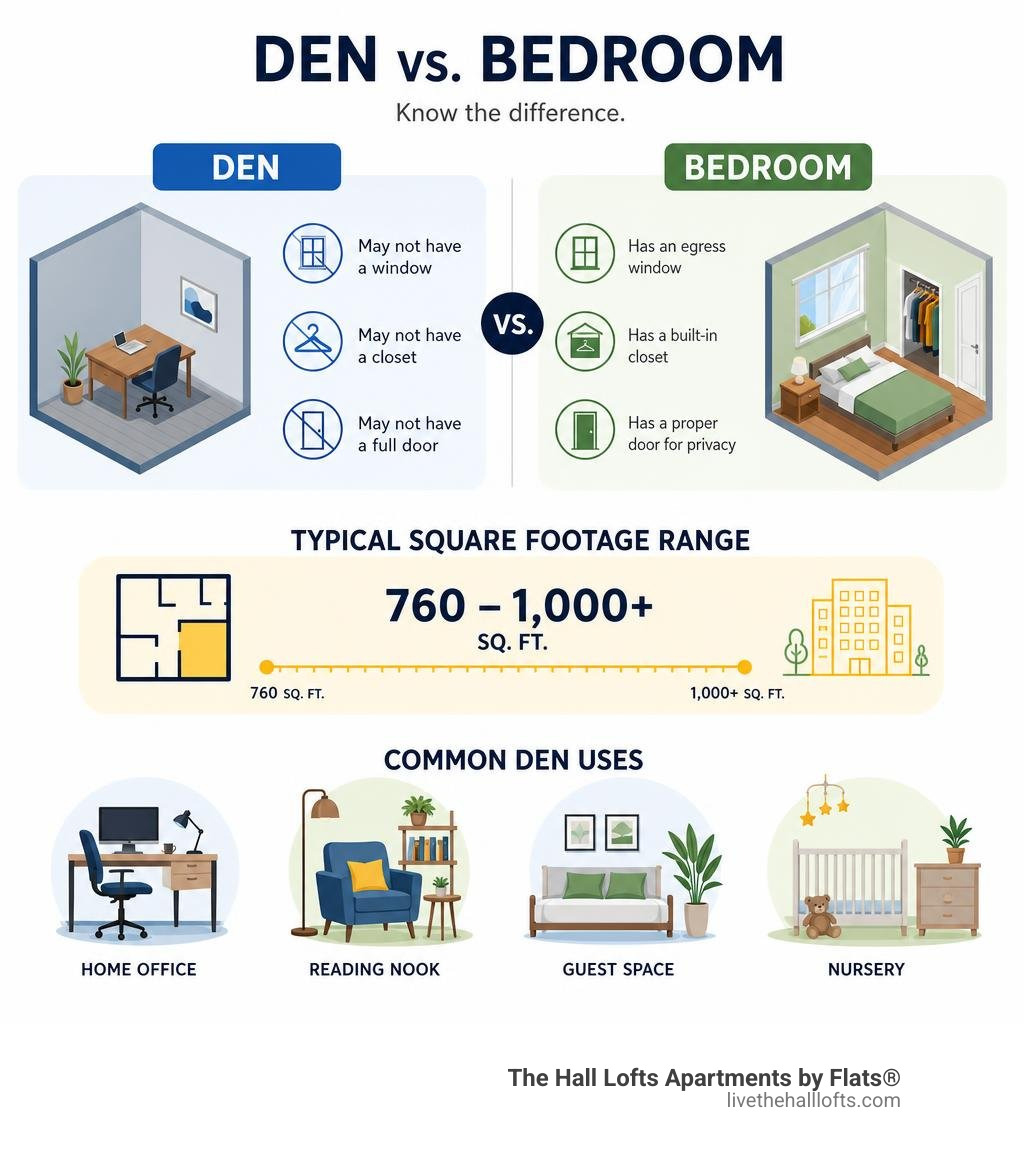 Infographic showing den vs bedroom differences, typical square footage ranges, and common den uses infographic Infographic showing den vs bedroom differences, typical square footage ranges, and common den uses infographic