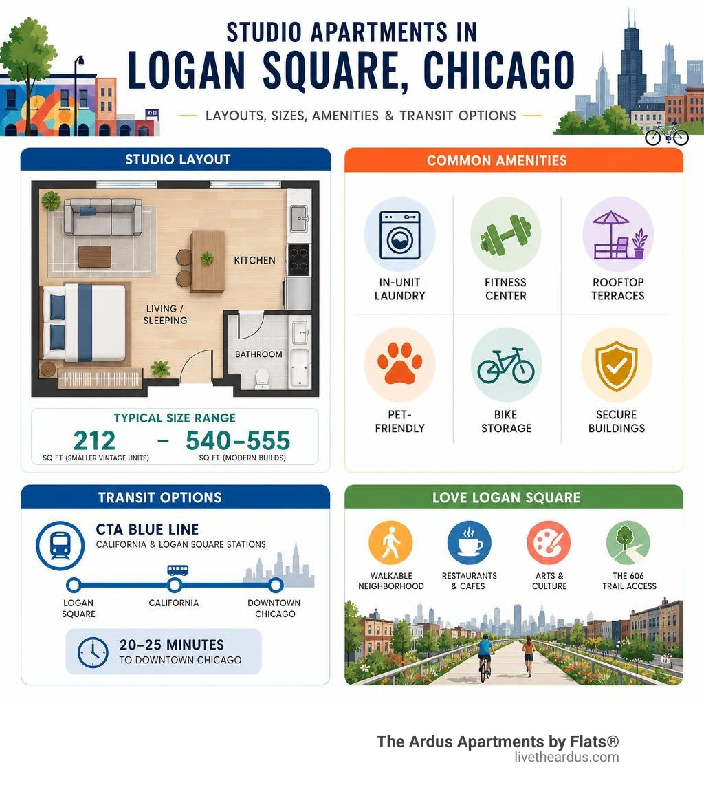 infographic showing studio apartment layout sizes amenities and transit options in Logan Square Chicago infographic infographic showing studio apartment layout sizes amenities and transit options in Logan Square Chicago infographic