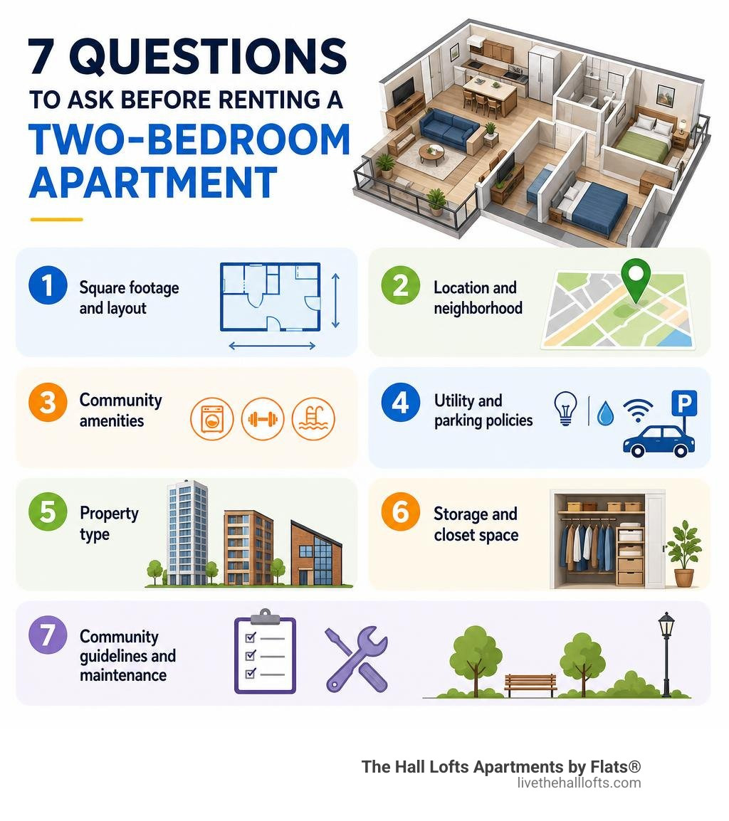Infographic showing 7 key questions to ask before renting a two-bedroom apartment infographic