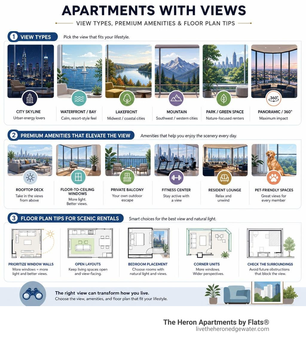 infographic showing apartment view types, premium amenities, and floor plan tips for scenic rentals infographic