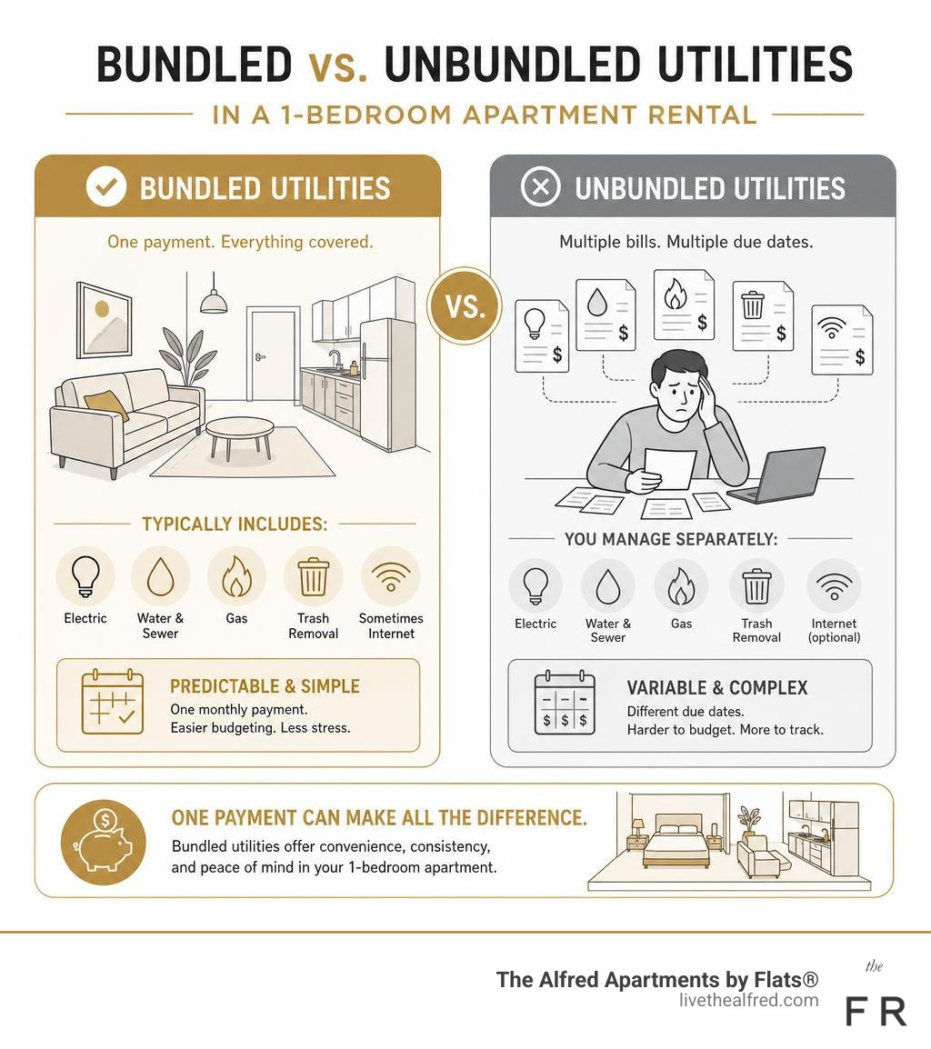Infographic comparing bundled vs unbundled utilities in a 1-bedroom apartment rental infographic