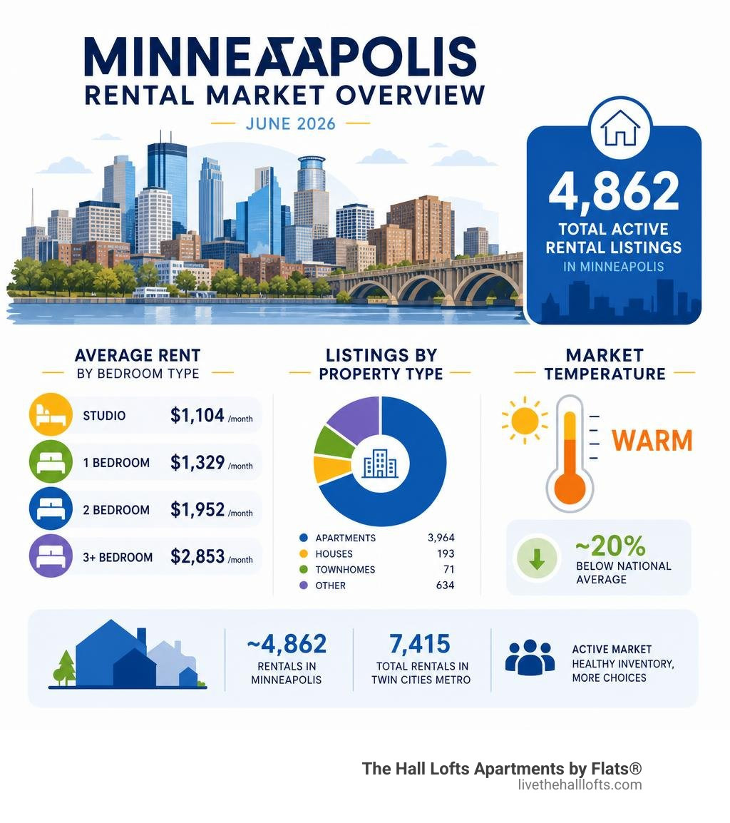 Infographic showing Minneapolis rental market overview: 4862 listings, average rent by bedroom type, and market temperature
