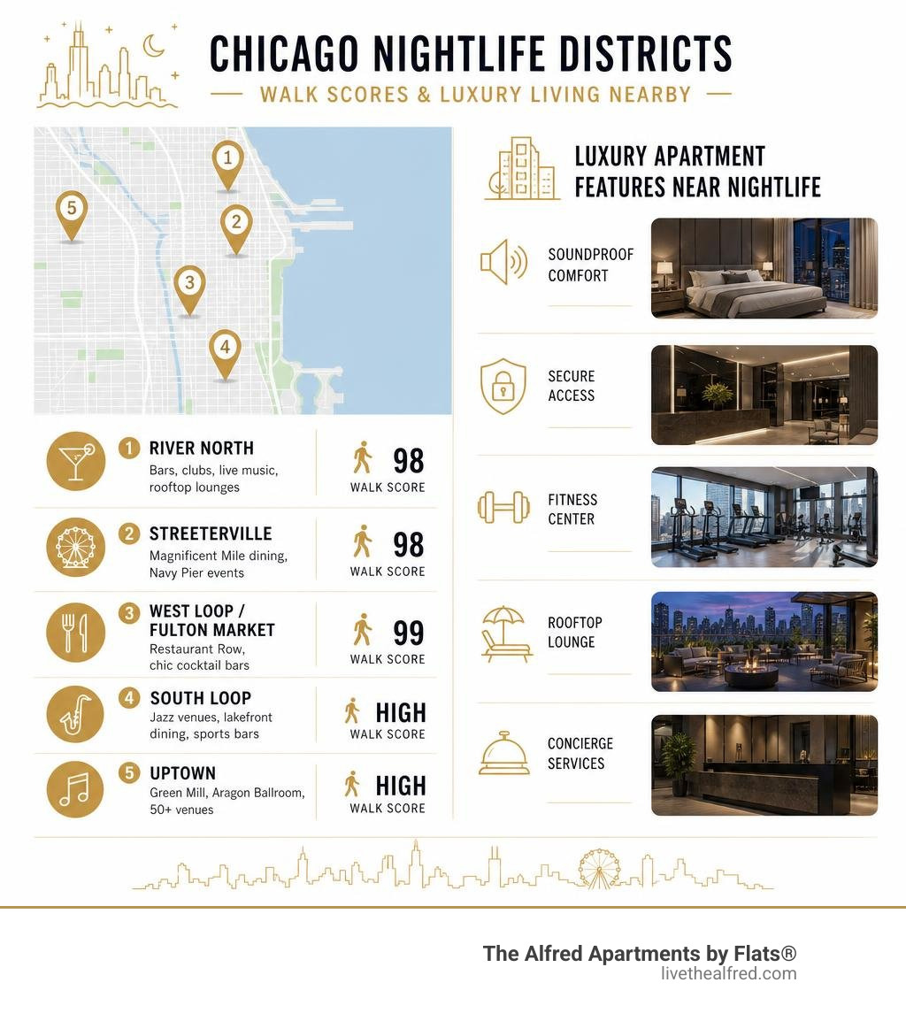Infographic showing Chicago nightlife districts, walk scores, and nearby luxury apartment features infographic
