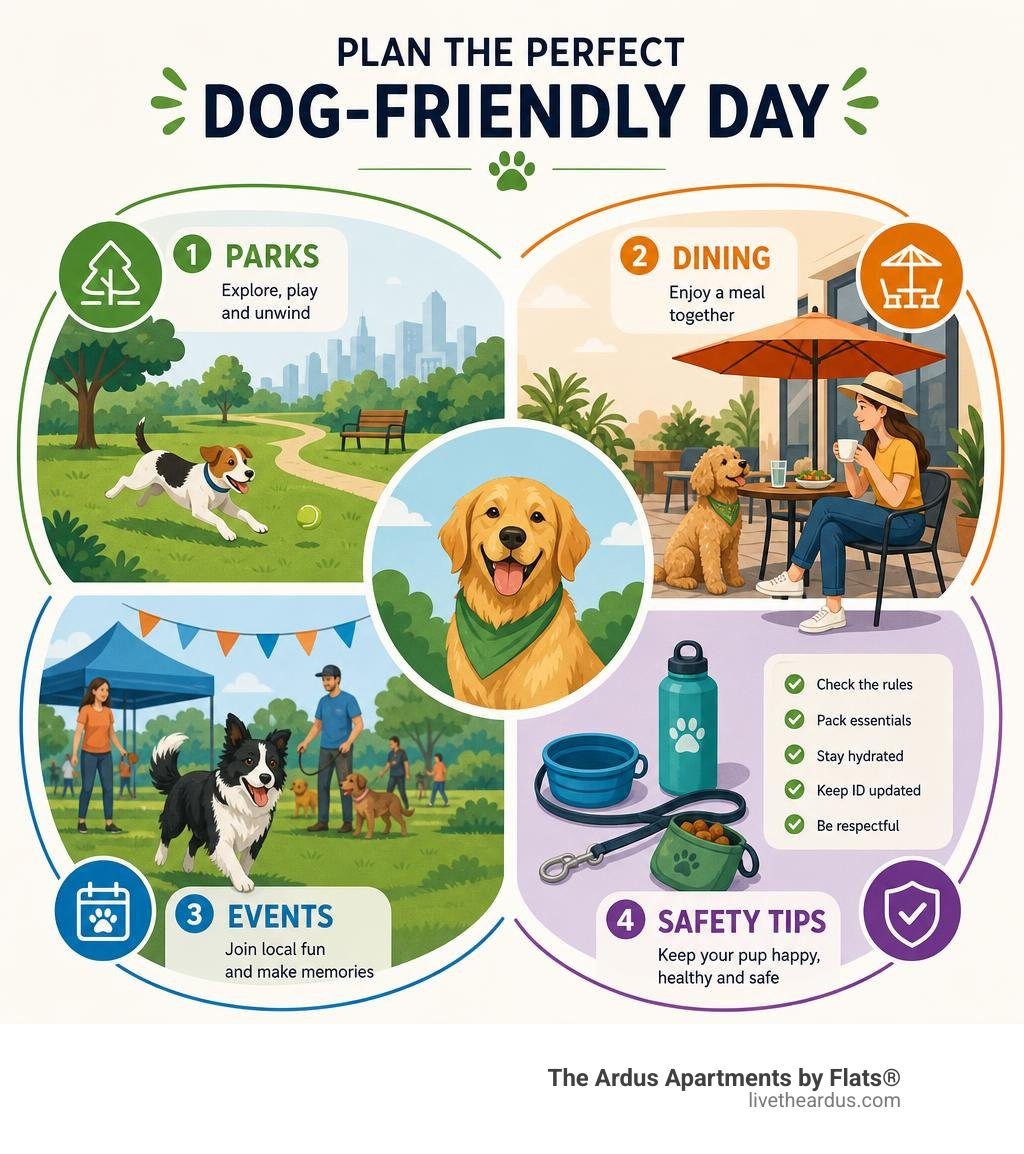 Infographic showing how to plan a dog-friendly day: parks, dining, events, and safety tips infographic Infographic showing how to plan a dog-friendly day: parks, dining, events, and safety tips infographic
