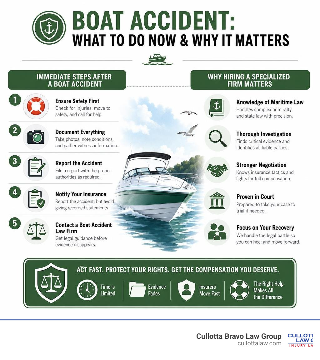 Immediate steps after a boat accident and why hiring a specialized firm matters infographic