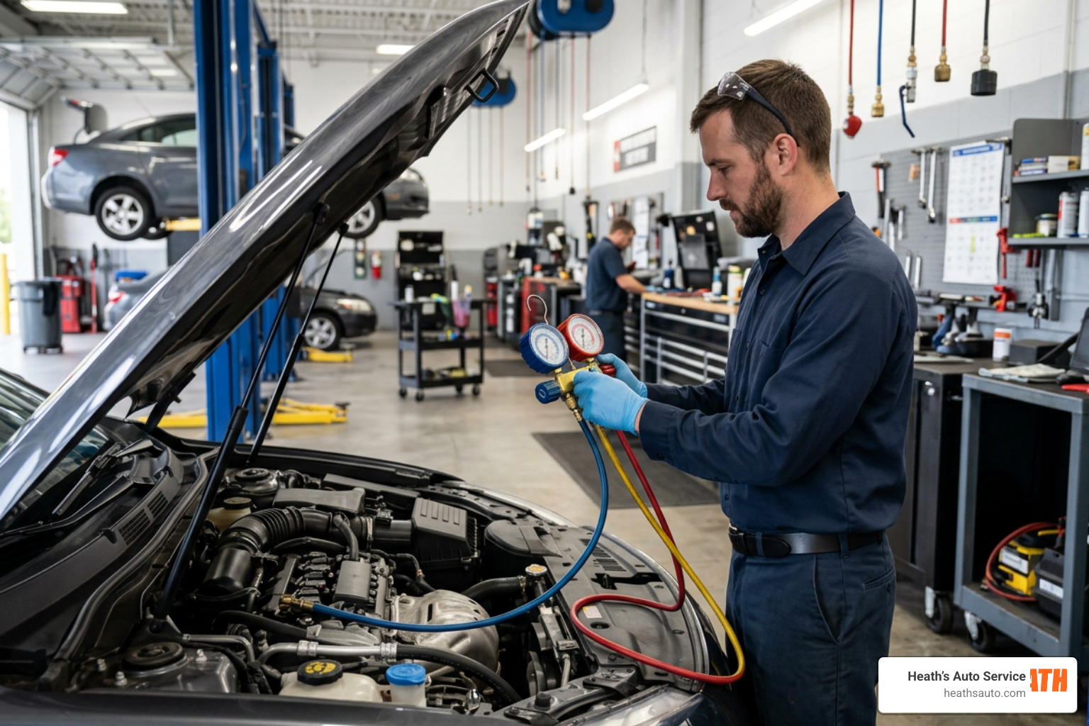 ASE-certified technician using professional manifold gauges to diagnose a car AC system
